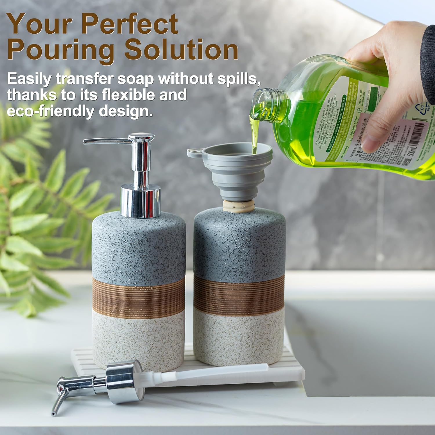 Ceramic Soap Dispenser Set(2 Pack) – Hand Soap, Dish Soap, Shampoo & Shower Soap Dispenser for Bathroom & Kitchen, Stainless Steel Pump, Includes Silicone Funnel & Diatomaceous Tray, Gray - Image 2