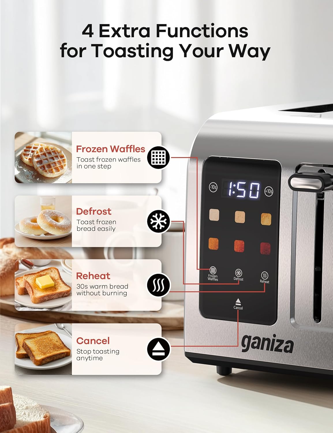 Ganiza Smart Toaster 2 Slice with Touchscreen, Digital Countdown Timer, Touch Screen Toaster Wide Slot, Full Stainless Steel, Defrost Reheat Cancel, +/-10s Fine-Tune, Removable Crumb Tray, Max 925W - Image 6