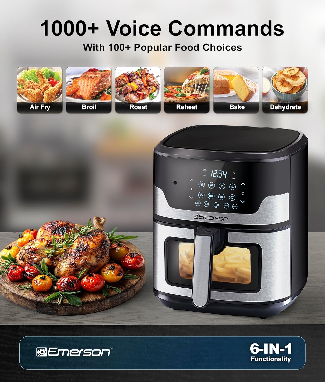 Emerson SmartVoice 5.3QT Air Fryer, 1000+ Voice Commands, 6-in-1 Digital Cooker, Compact Countertop Design, Oil-Free Healthy Cooking, Easy-Clean Nonstick Basket, 1500W - Image 3