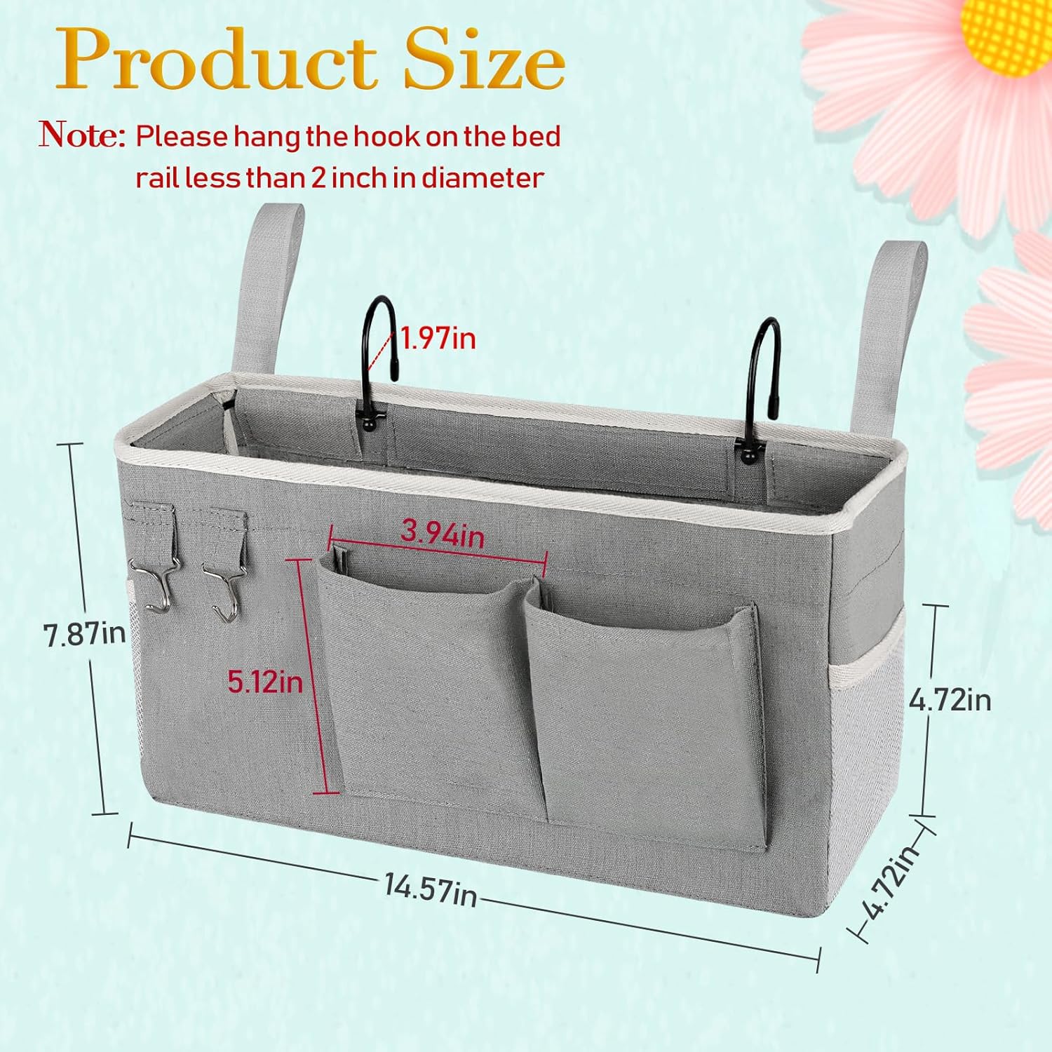Bedside Storage Caddy/Bedside Hanging Storage Bag for Headboards Bunk Beds Dorm Rooms Book Phone Magazine Holder (Grey) - Image 4