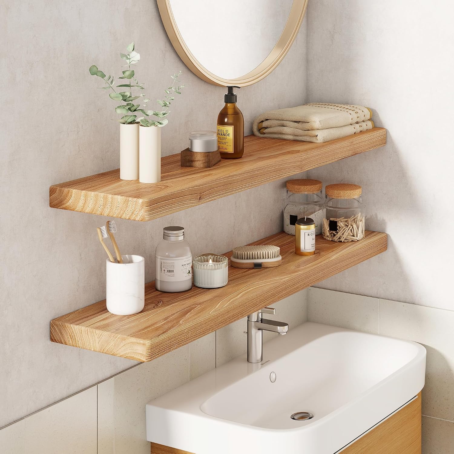36" Rustic Elm Wood Floating Shelves, 8 Inch Deep Wall Shelves for Home Decor, Wall Mounted Floating Shelf with Invisible Bracket, Heavy-Duty Storage & Display Shelf for Living Room, Kitchen, Set of 2 - Image 2