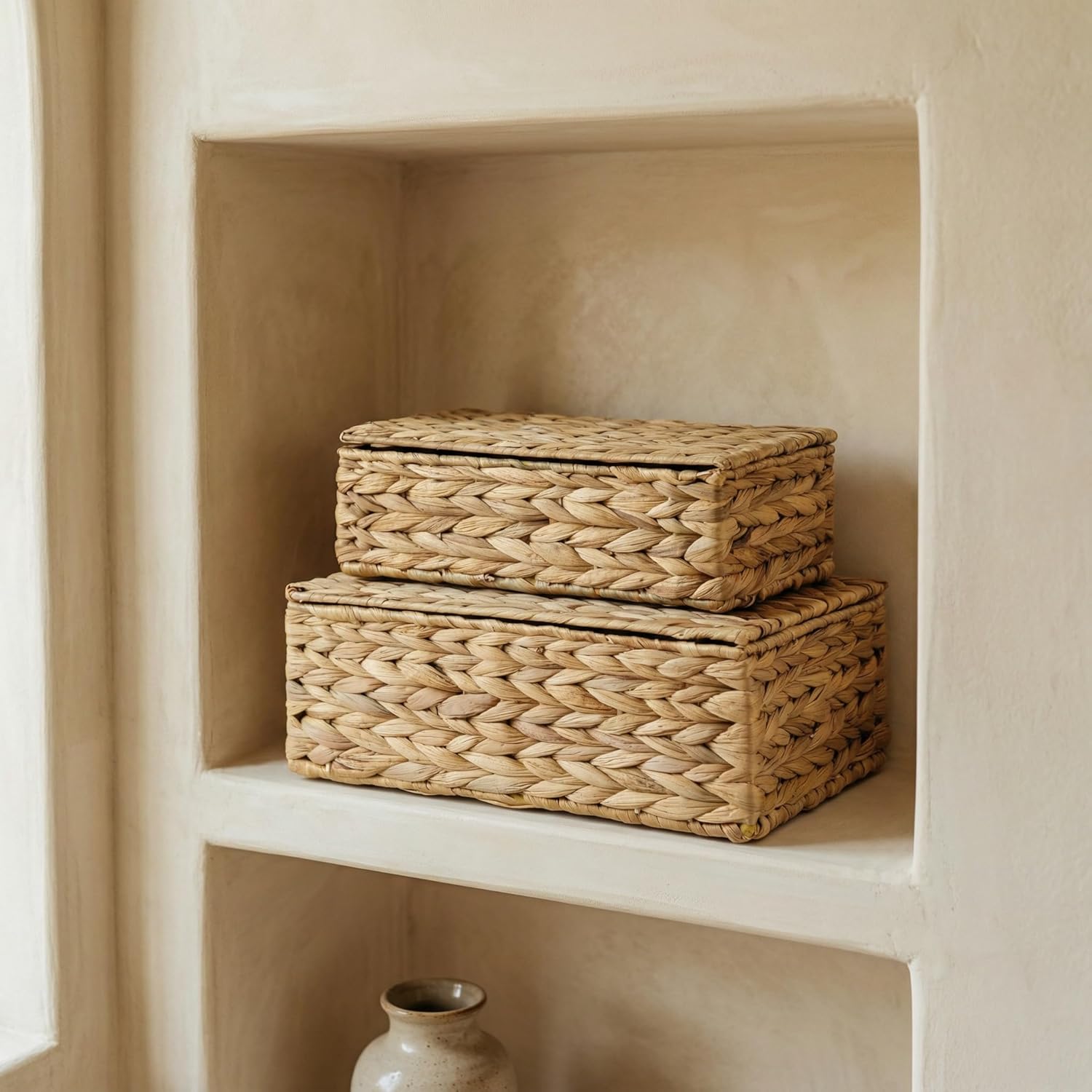 Decorative Storage Boxes with Lids - Set of 2 Beautiful Wicker Organizer Bins for Your Shelves & Home Decor - Safely Store Your Photos, Documents, and Memory Box Keepsakes in a Stylish Rattan Design - Image 4
