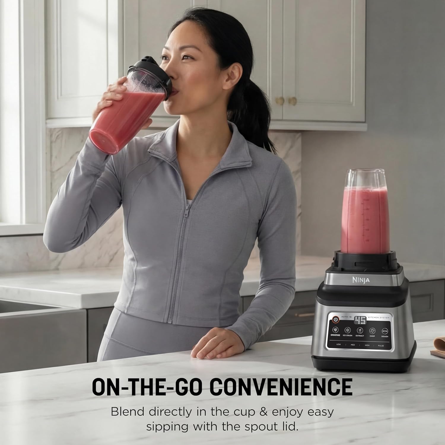Ninja BN801 Professional Plus Kitchen System, 1400 WP, 5 Functions for Smoothies, Chopping, Dough & More with Auto IQ, 72-oz.* Blender Pitcher, 64-oz. Processor Bowl, (2) 24-oz. To-Go Cups, Grey - Image 4