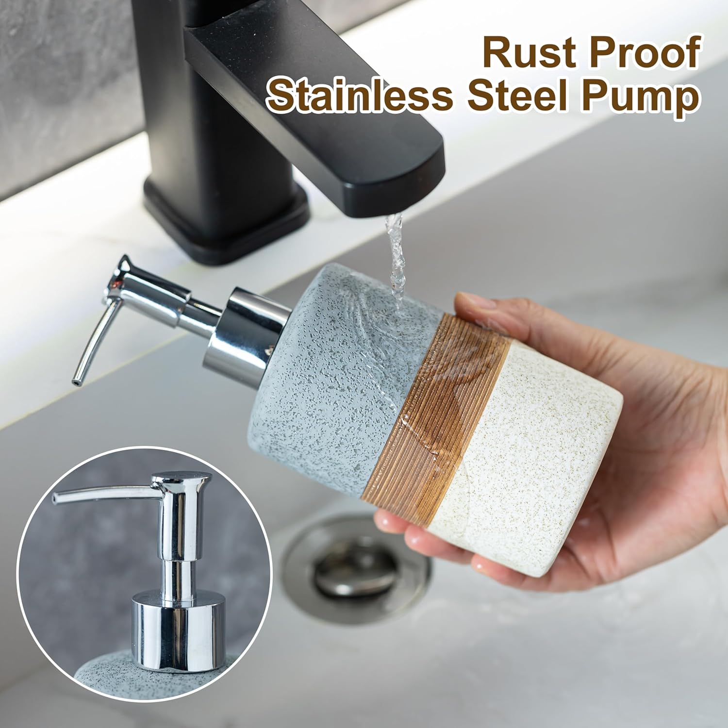 Ceramic Soap Dispenser Set(2 Pack) – Hand Soap, Dish Soap, Shampoo & Shower Soap Dispenser for Bathroom & Kitchen, Stainless Steel Pump, Includes Silicone Funnel & Diatomaceous Tray, Gray - Image 4