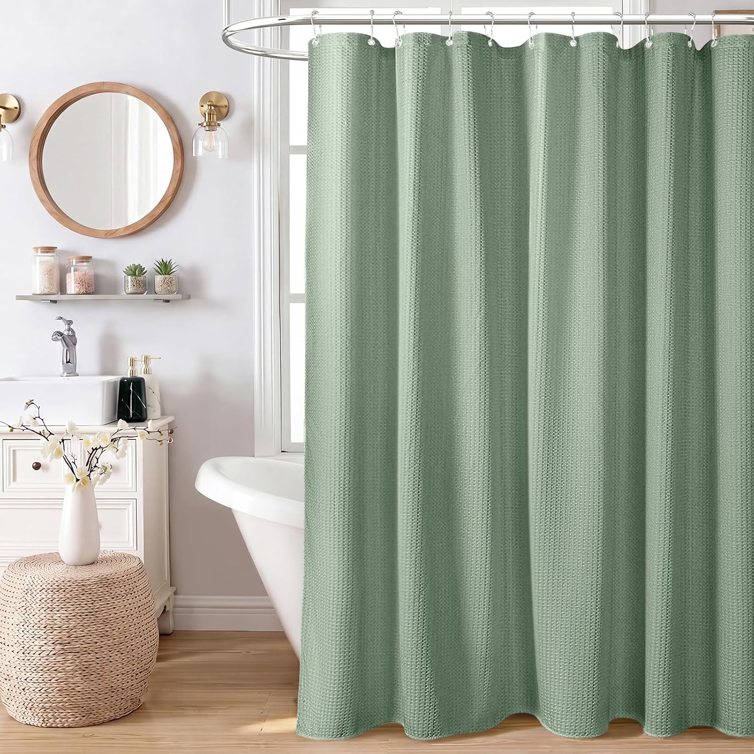 Dynamene Sage Green Shower Curtain - Waffle Textured Heavy Duty Thick Fabric Shower Curtains for Bathroom, 256GSM Luxury Weighted Polyester Cloth Bath Curtain Set with 12 Plastic Hooks,72Wx72H,Green - Image 8