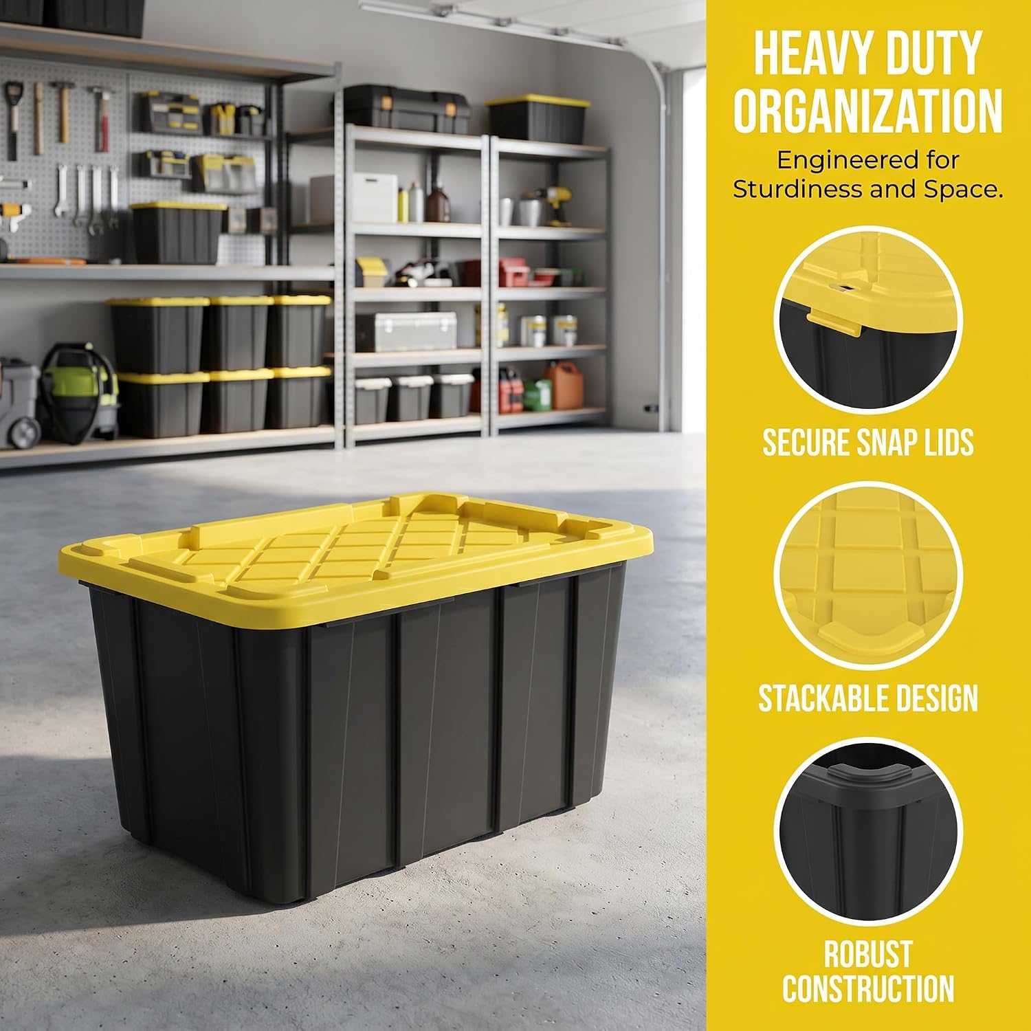 6 Pack 27 Gallon Heavy Duty Storage Bins with Snap Lids, Durable Plastic Storage Totes with Stackable Black Containers & Yellow Latching Covers for Home Garage Moving Organization - Image 3