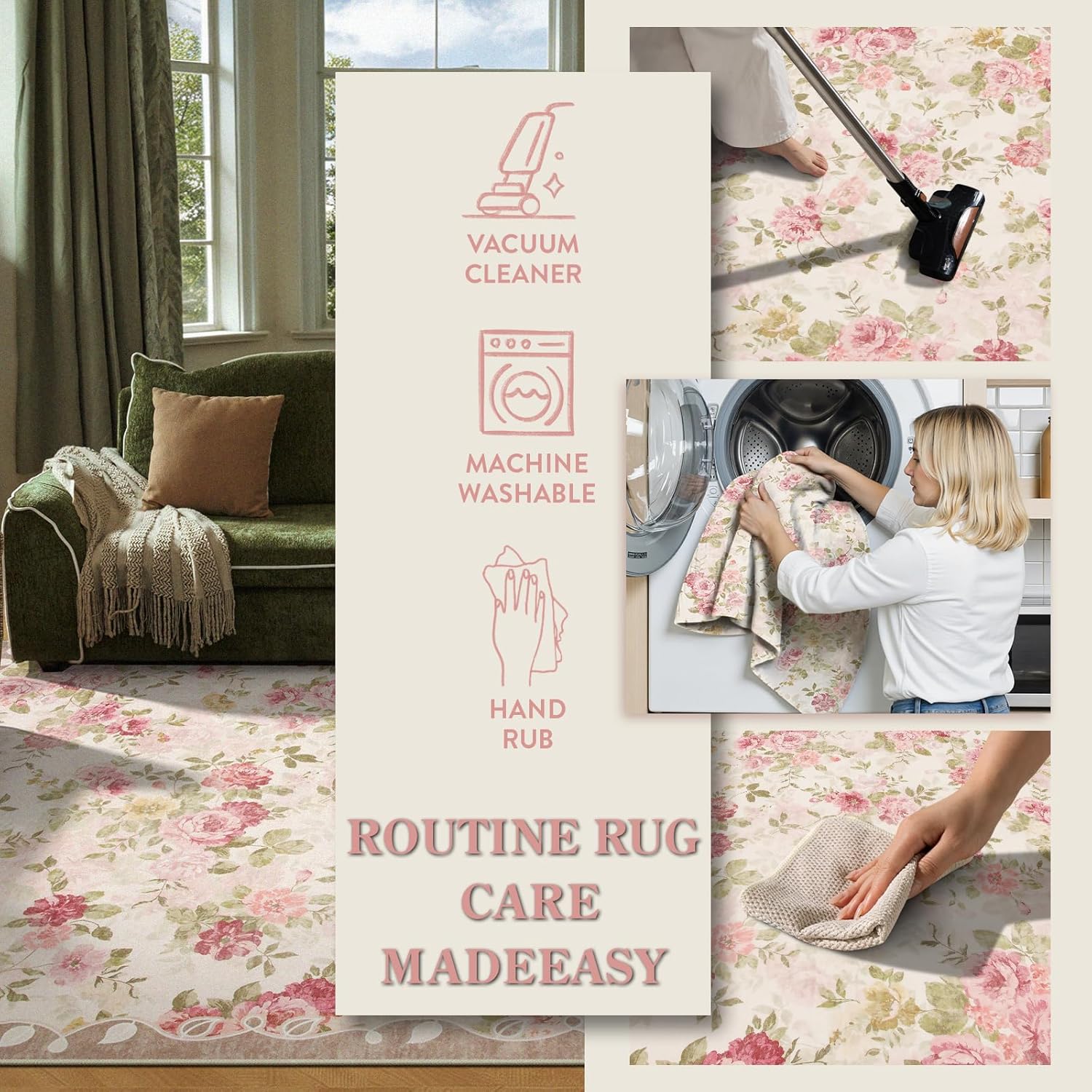 Lahome Floral Washable Rugs 5x7,Rugs for Living Room Pink Area Rug,Vintage Rugs for Bedroom Girls Non Slip Low Pile Ultra-Thin Large Carpet for Office Dining Room,Kids Playroom Nina (5'X7',Beige) - Image 5