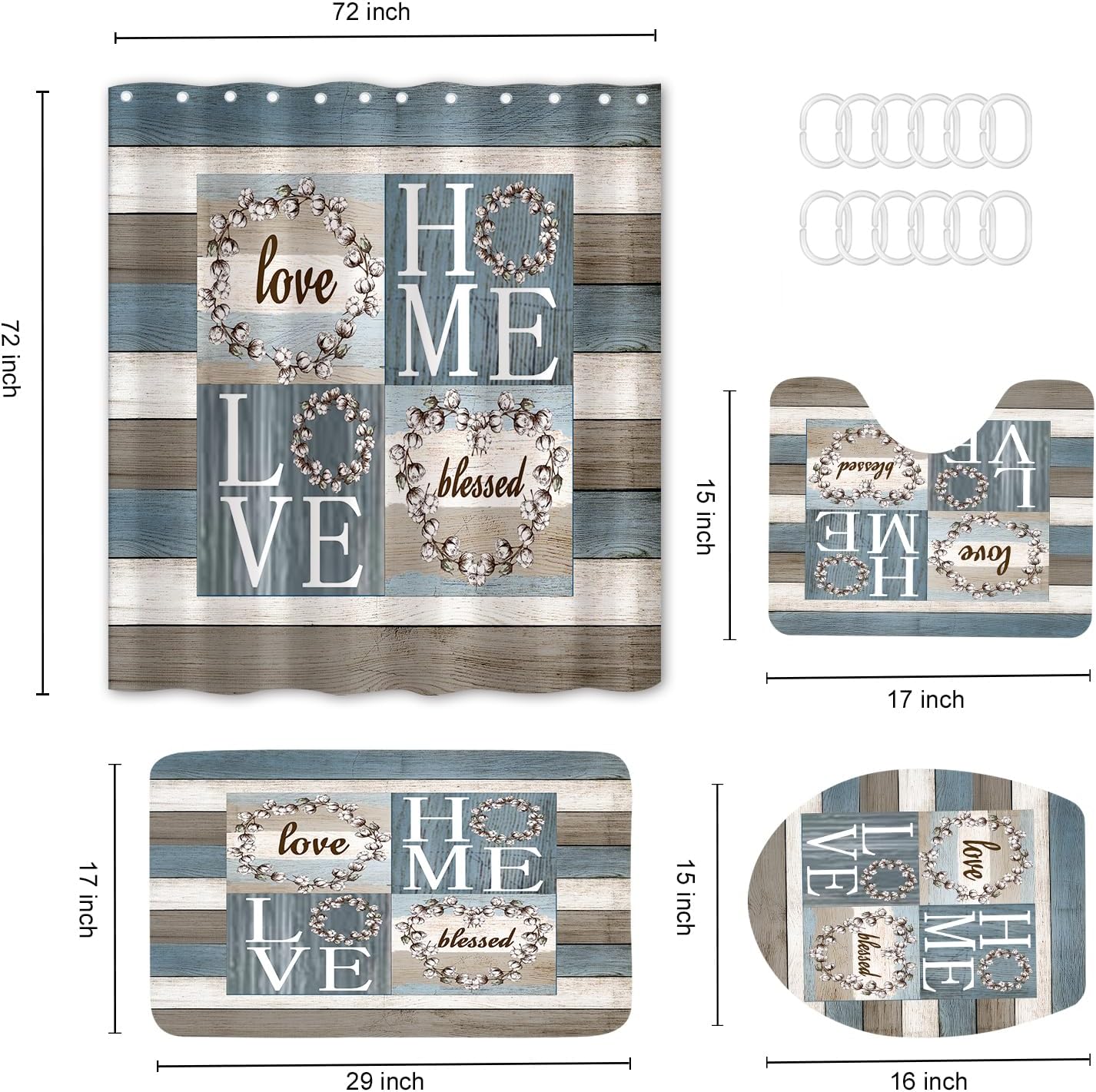 4PCS Rustic Floral Flower Sweet Love Home Fabric Shower Curtain Set, with Non-Slip Rugs, Toilet Lid Cover and Bath Mat Farmhouse Country Vintage Wood Plank Cotton Bathroom Decor Waterproof 72x72 - Image 6