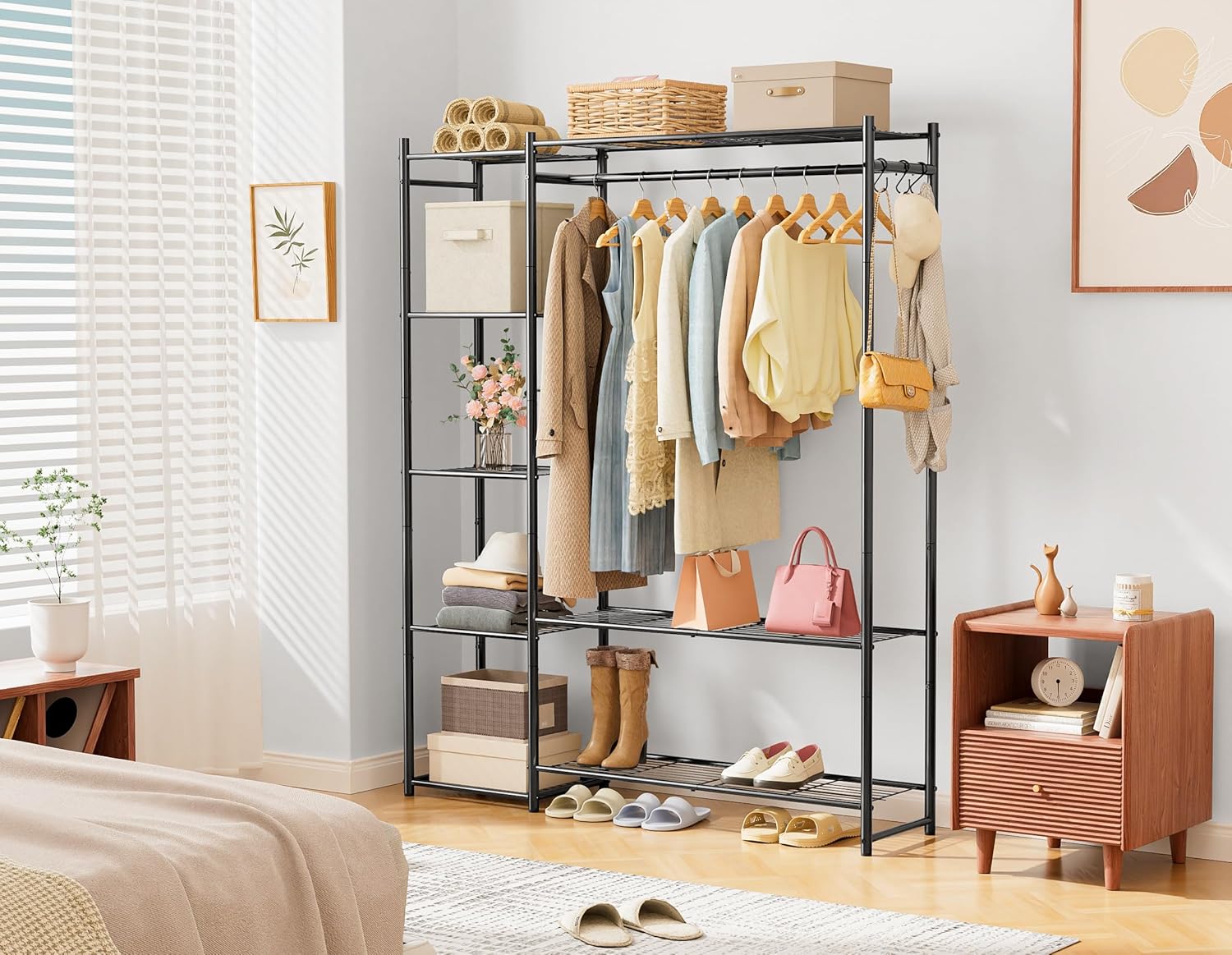 Wardrobe Closet,Portable Clothes Rack with 4 Tiers Shelves,Freestanding Closet Organizers and Storage System with Hanging Rods,Steel Clothing Rack Suitable for Cloakrooms,Bedrooms,Entrances,etc.Black - Image 2