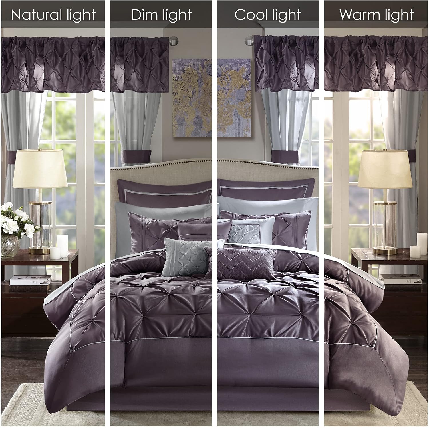 Madison Park Essentials Queen Comforter Set, 24 Piece Bedding With Matching Curtains, Decorative Pillows, Luxe Diamond Tufting , Room in a Bag Joella Collection, Plum Queen - Image 2