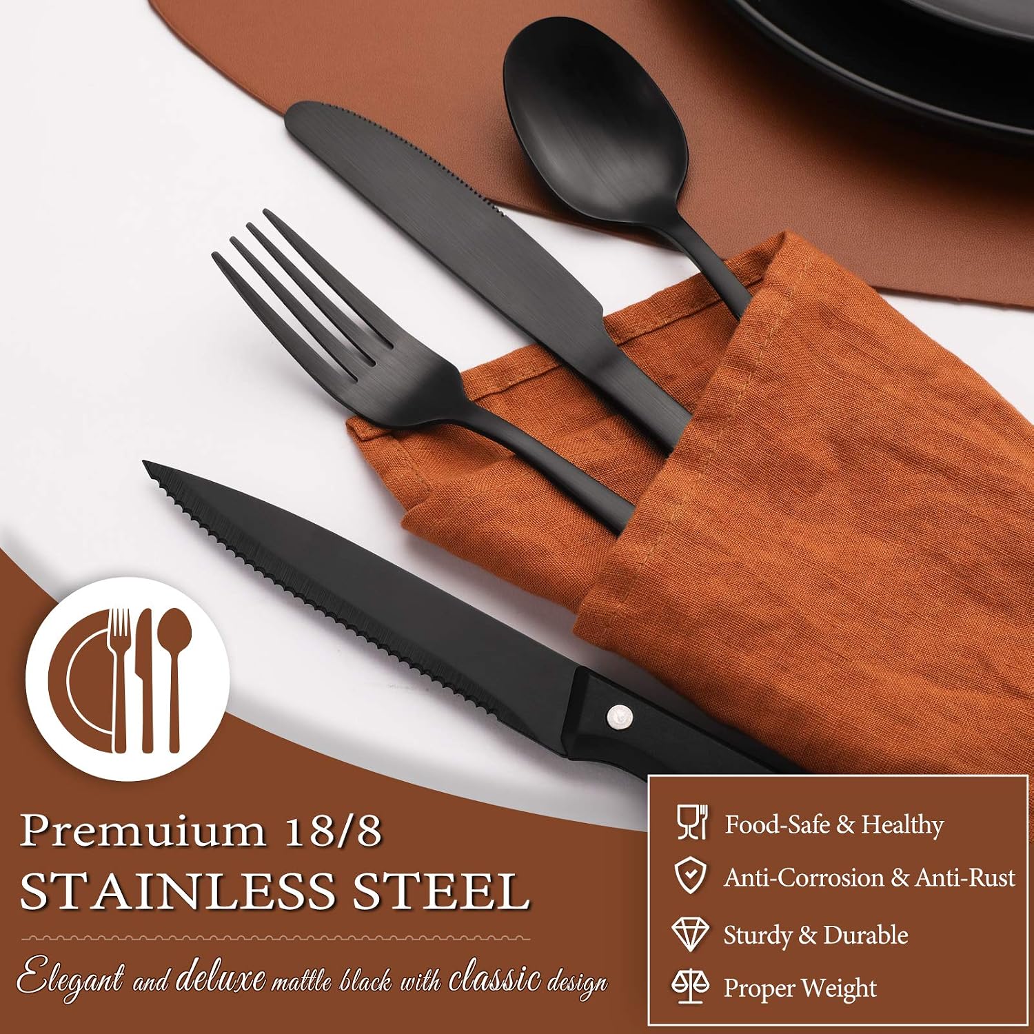 Hiware 24 Pieces Matte Black Silverware Set with Steak Knives for 4, Stainless Steel Flatware Utensils Set, Hand Wash Recommended - Image 3