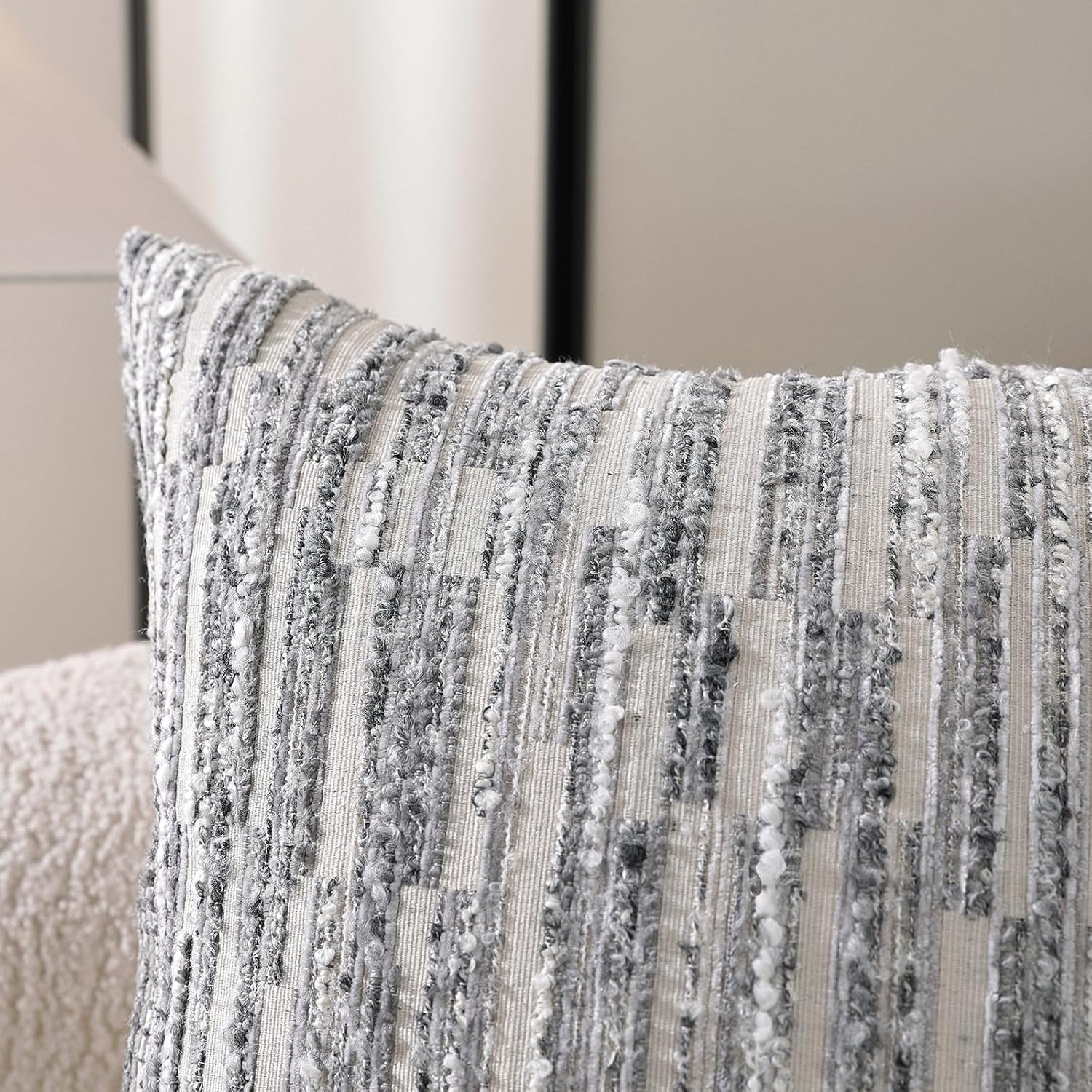 Striped Throw Pillow Covers 18x18 Set of 2 Gray Textured Boucle Chic Morden Boho Accent Farmhouse Decorative Chenille Pillow Covers for Home Decor Bed Sofa Living Room - Image 5