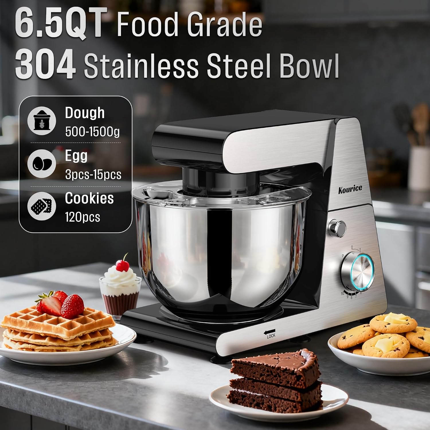 6.5QT Tilt-Head Stand Mixer, Heavy Duty Pro 10-Speed Electric Mixer, Stainless Steel Cladding & Bowl with Dough Hook, Wire Whisk and Flat Beater for Home Baking, Bread, Cake, Pizza Dough - Image 5