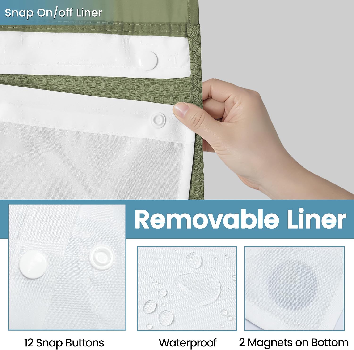 EUTXL Heavyweight Sage Green Hotel Shower Curtain - 256GSM Waffle Textured Heavy Duty Thick Fabric Shower Curtains for Bathroom,71W x 74H - Image 5