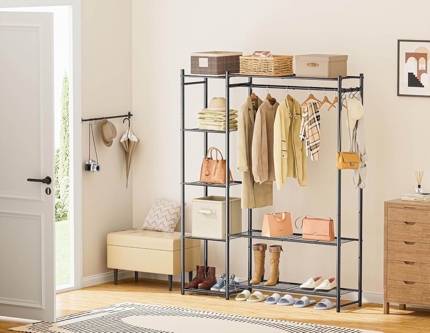 Wardrobe Closet,Portable Clothes Rack with 4 Tiers Shelves,Freestanding Closet Organizers and Storage System with Hanging Rods,Steel Clothing Rack Suitable for Cloakrooms,Bedrooms,Entrances,etc.Black - Image 7
