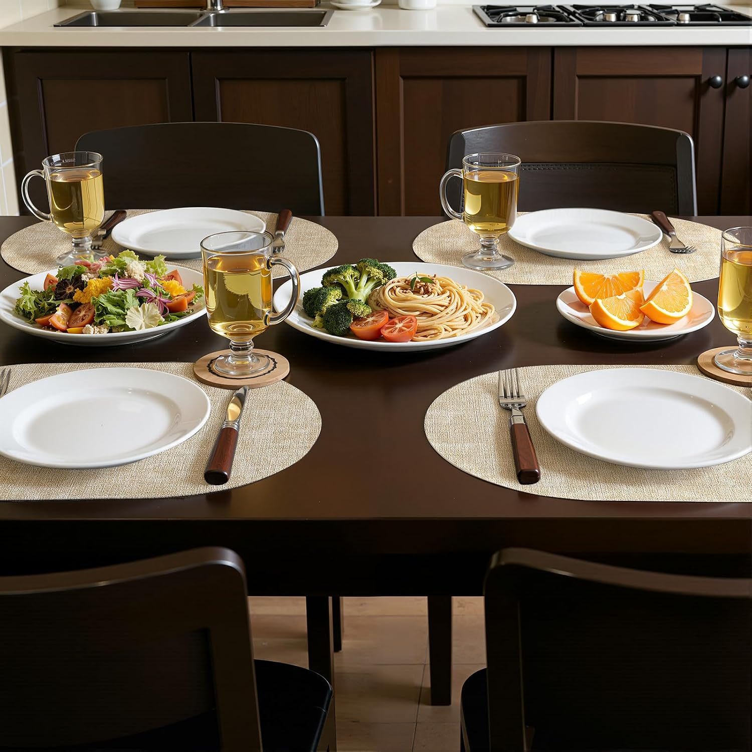 homing Placemats Set of 6, Heat Resistant Oval Faux Leather Place Mats 11.8 x 17 Inch, Waterproof Wipeable Reversible PU Placemat for Kitchen Dining Table, Indoor & Outdoor, Beige - Image 2