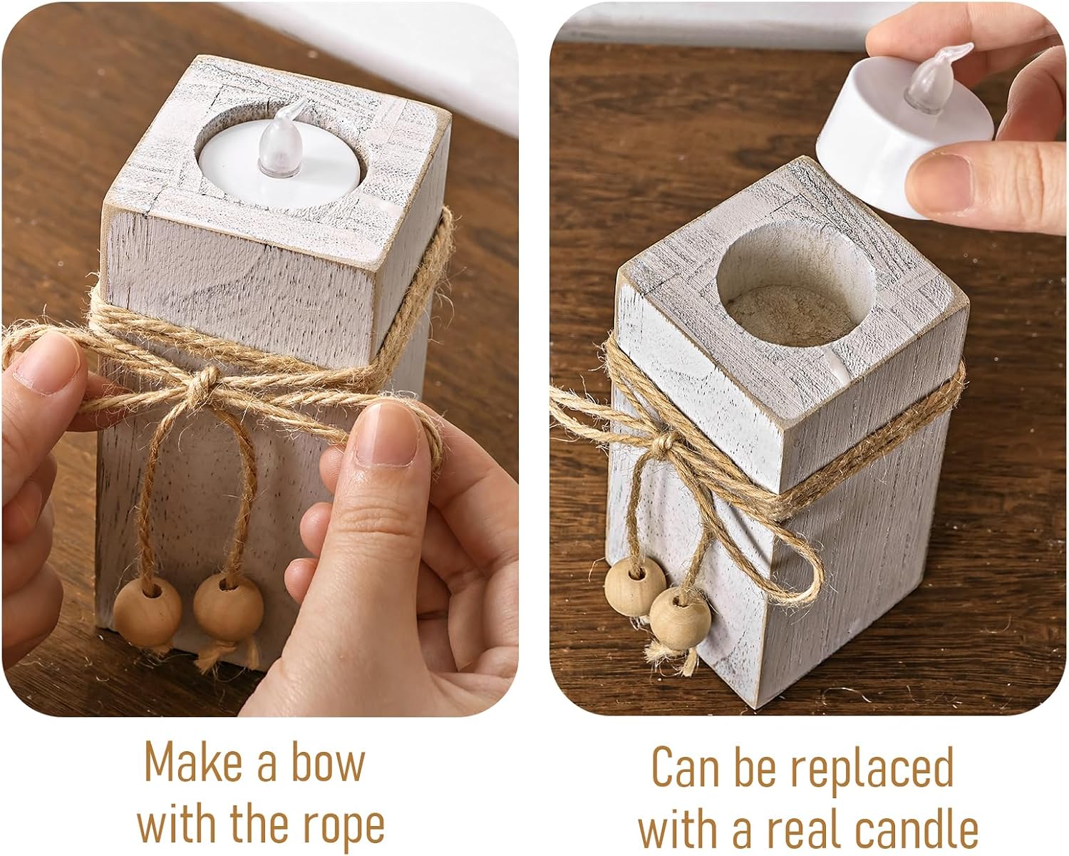 MelonBoat Rustic Flameless LED Candles 3-Pack, Battery Operated Candles with Wooden Candle Holders, White Rustic Farmhouse Decor, Farmhouse Candle Holder for Valentines Holiday Party Home Decor - Image 5
