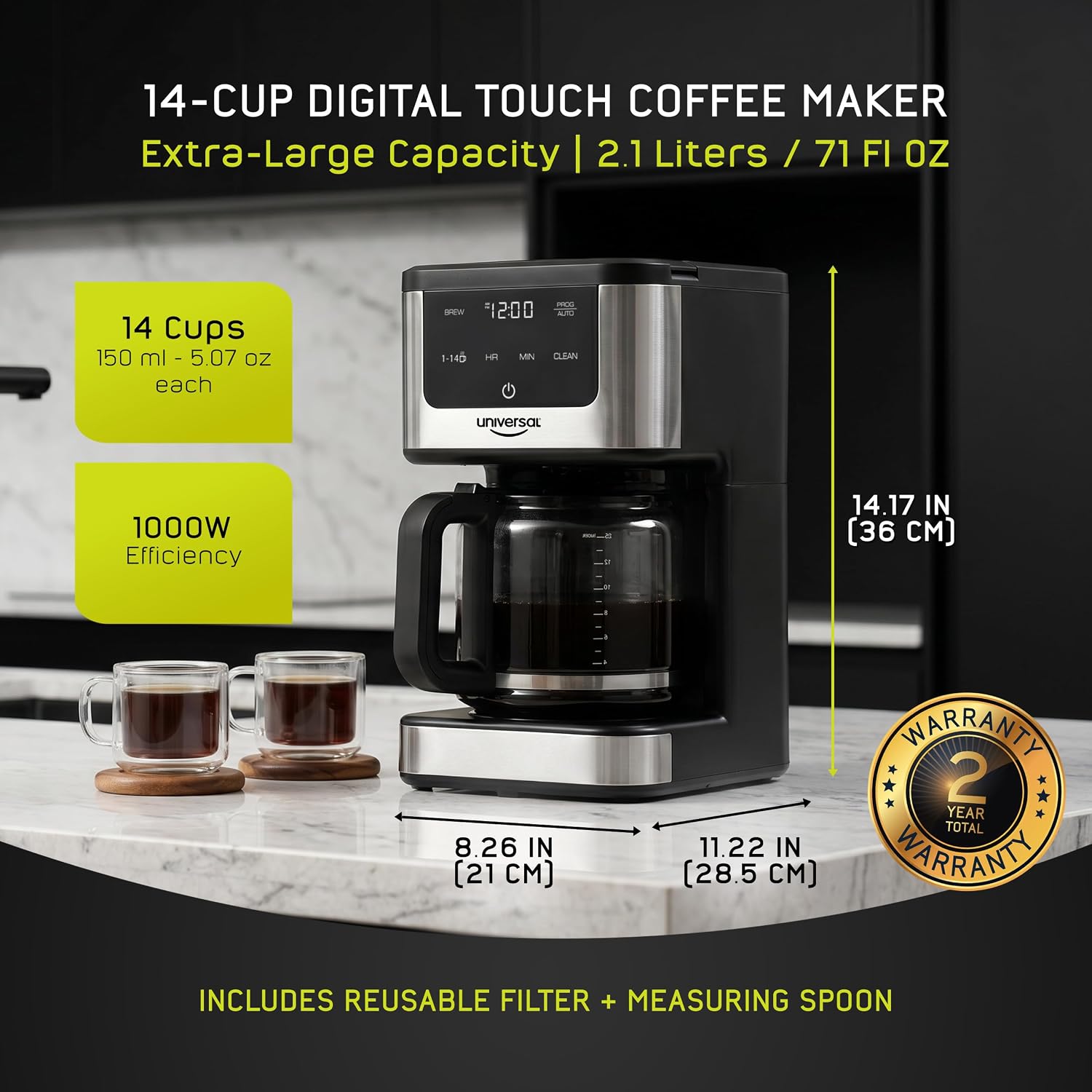universal 14-Cup Programmable Drip Coffee Maker with 24-Hour Timer, Self-Cleaning System, Glass Carafe & Reusable Filter - Image 2