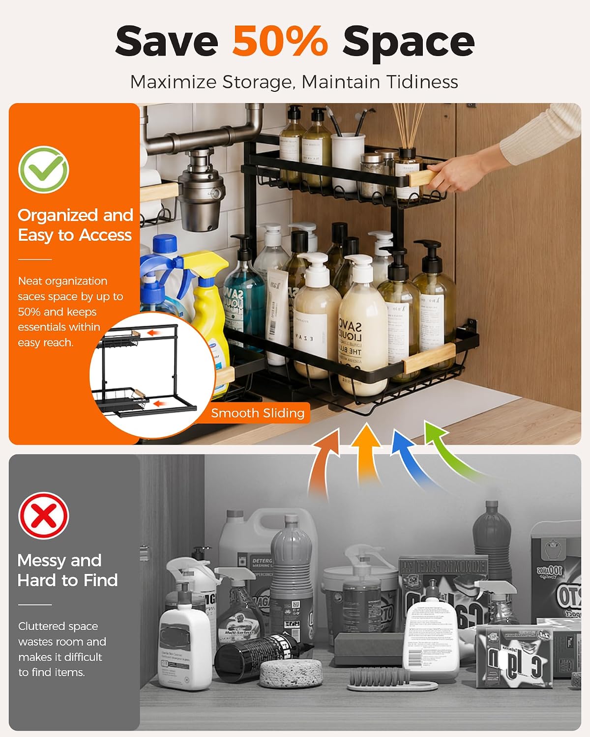 Sevenblue 2-Pack 2-Tier Height Adjustable Under Sink Organizer & Storage | Multi-purpose storage for kitchen & bathroom cabinet. Large black shelf, height adjustable design for space-saving. - Image 2