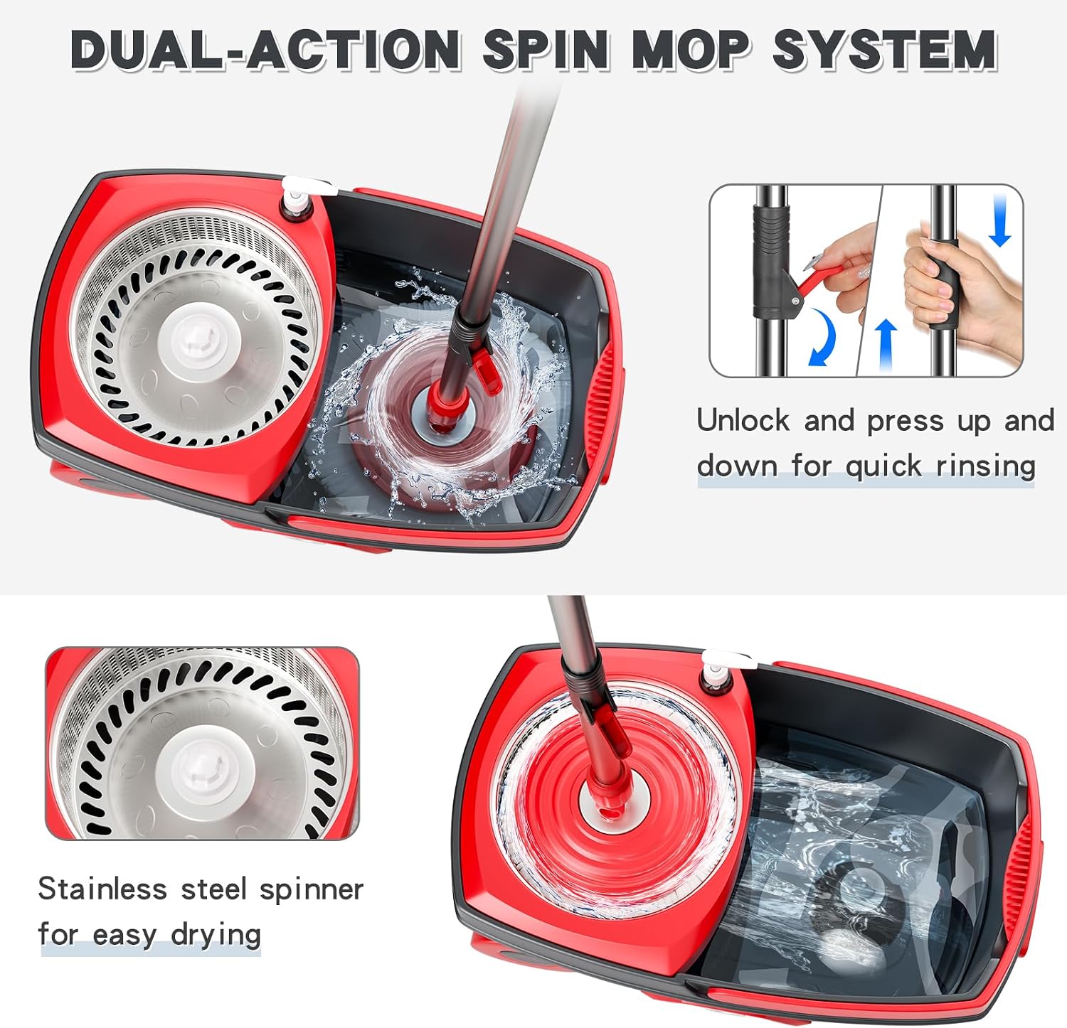 Mop and Bucket Set with Wringer, Spin Mop Floor Cleaning System with 6 Replacement Microfiber Heads & 61" Extra-Long Handle for Home Floor, Dark Grey - Image 4