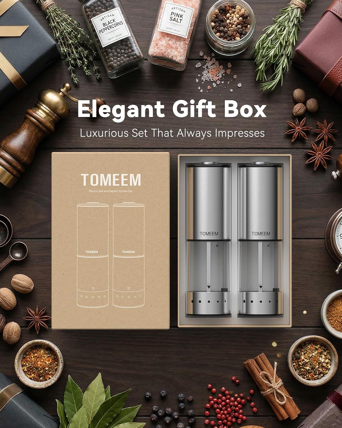 TOMEEM Rechargeable Electric Salt and Pepper Grinder Set, 115ml Large Capacity Stainless Steel Automatic Pepper Mill with Storage Base, LED Display and Light (Silver, Black Storage Base) - Image 8