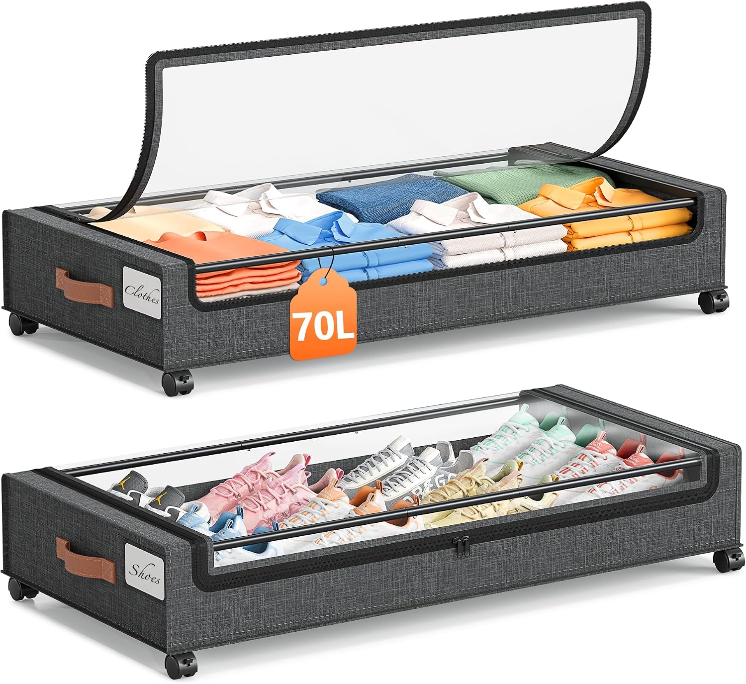 Yecaye 70L Under Bed Storage with Wheels, 2Pack Larger Capacity Under Bed Storage Containers, Underbed Shoe Storage Organizer, Rolling Under Bed Metal Drawers for Clothes, Blankets(35.5 x 17 x 6.7in)