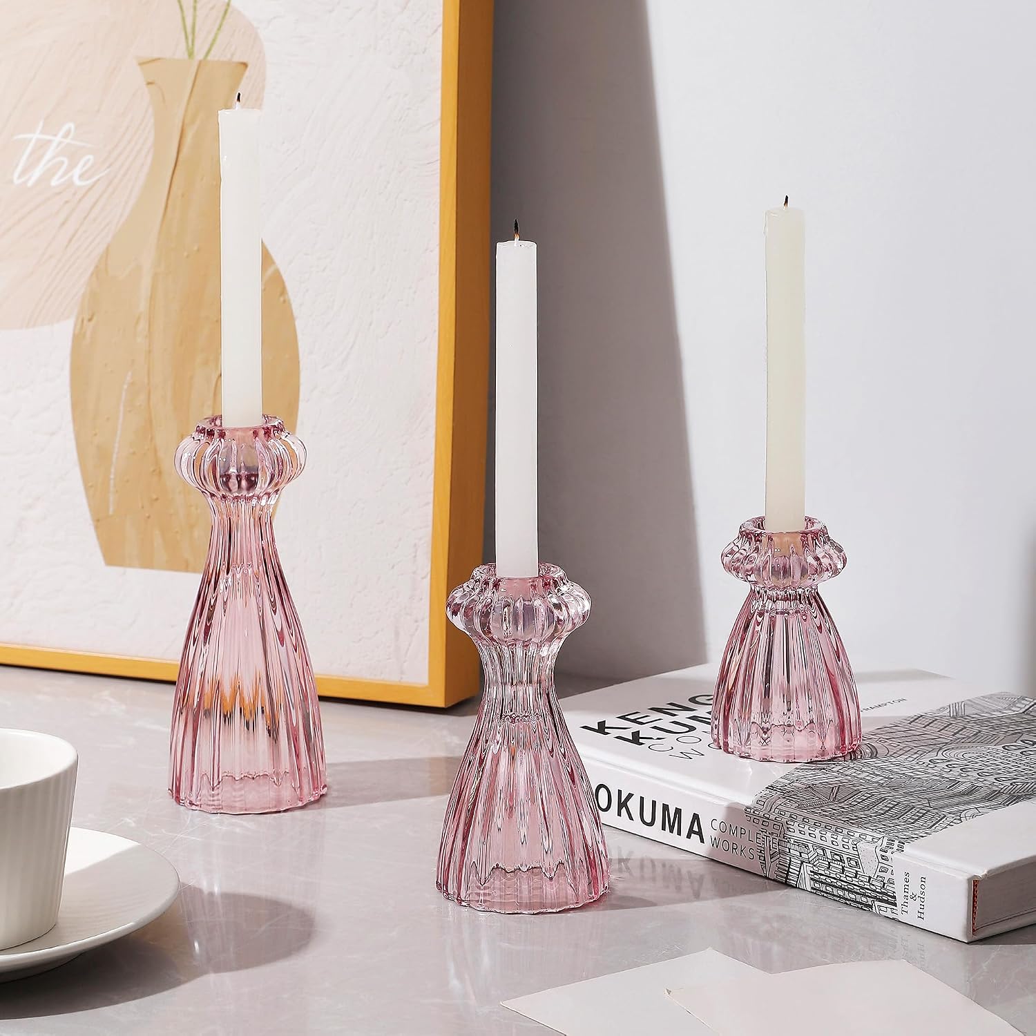 Lysenn Glass Candle Stick Holder Set of 3 – Premium Taper Candle Holders for Romantic Ambiance - Candle Sticks Holder Decor for Special Occasions - Pink