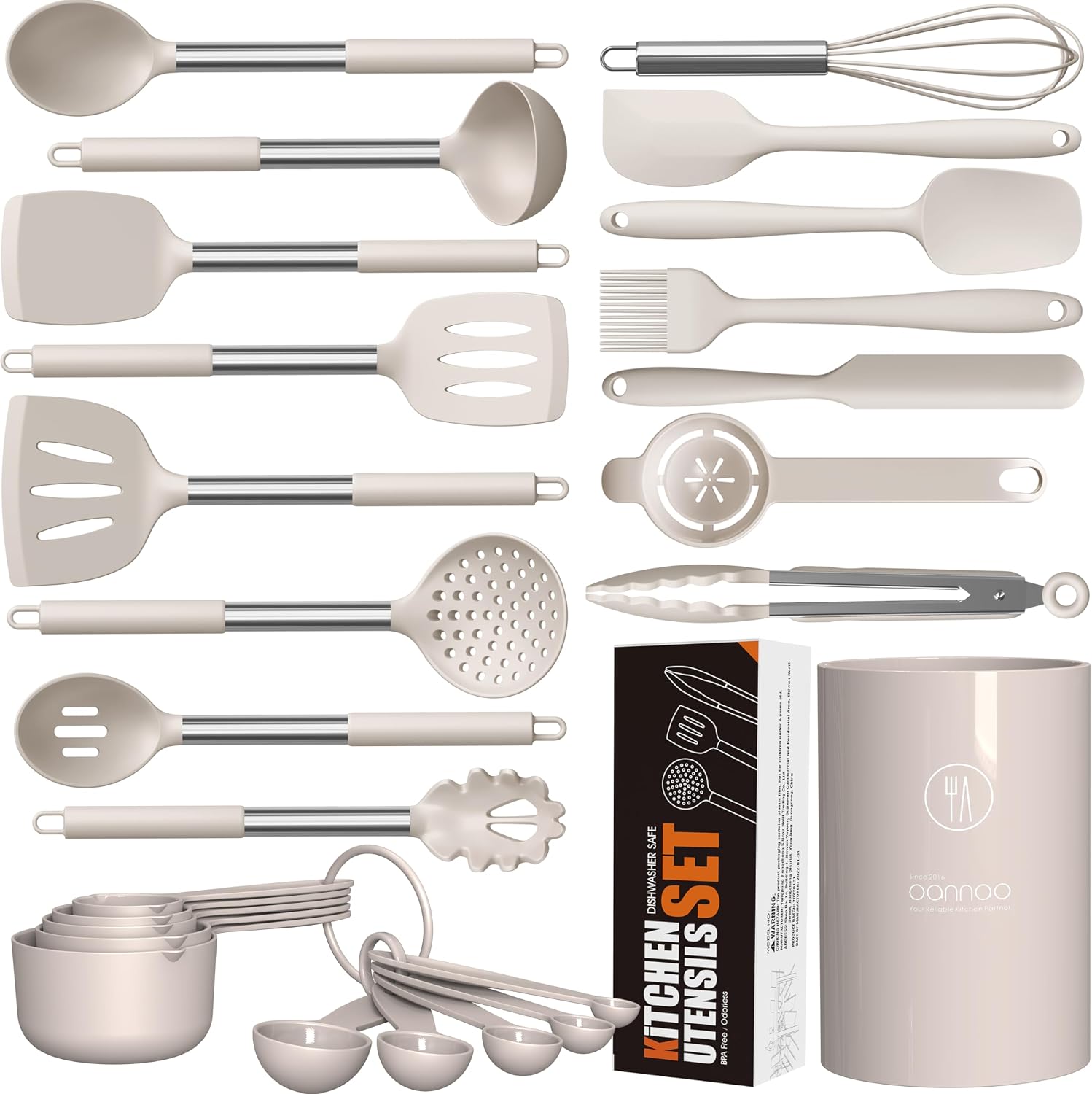 oannao Large Silicone Cooking Utensils Set - Heat Resistant Kitchen Utensils,Turner Tongs,Spatula,Spoon,Brush,Whisk,Stainless Steel Cooking Tool for Nonstick Cookware,Dishwasher Safe (Khaki)