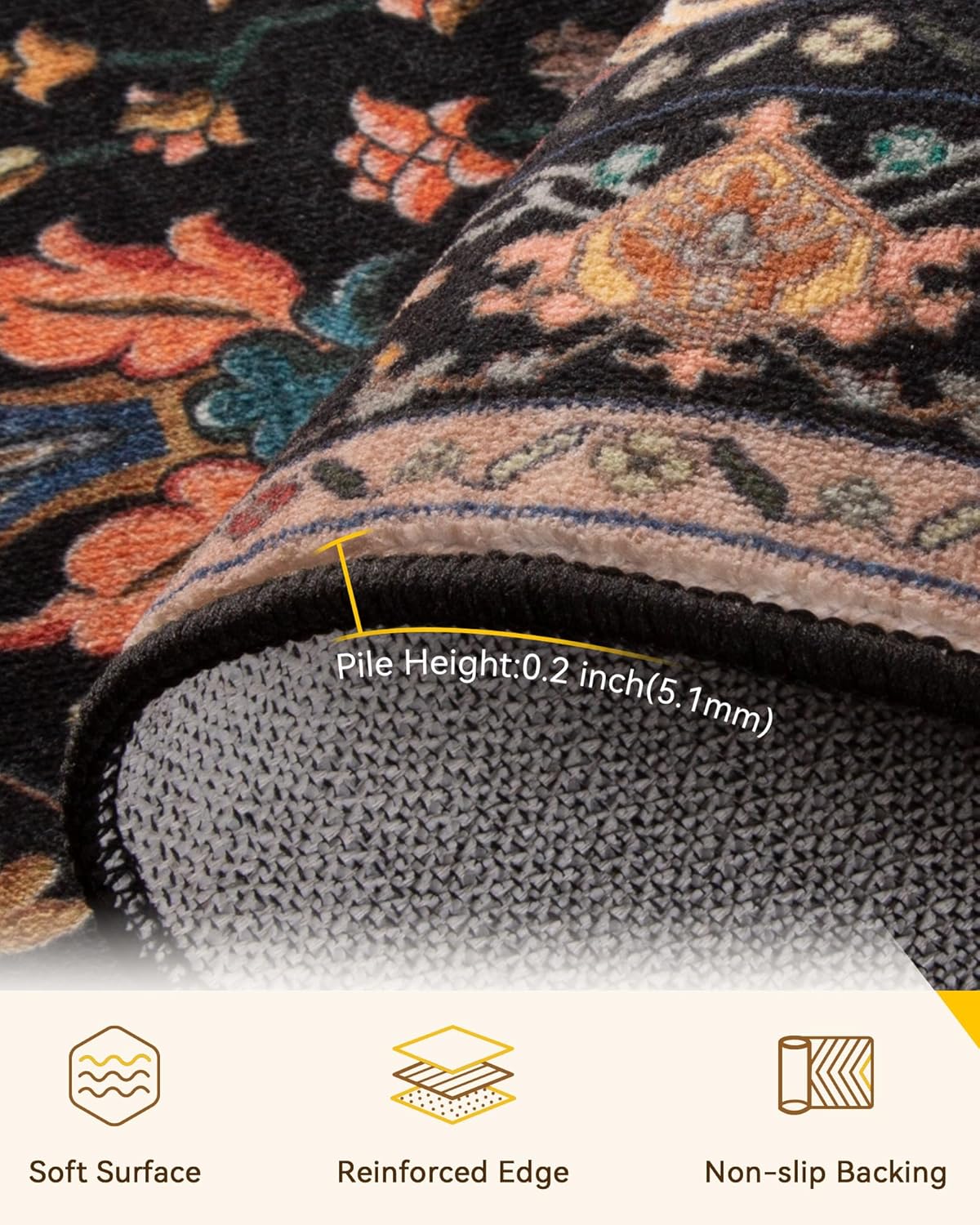 RELEANY Area Rugs Large 10'x12' Washable Non-Slip, Floral Vintage Distress Medallion Carpet for Living Room Bedroom Dining Room, Black Colorful Floral Dark Tan - Image 4
