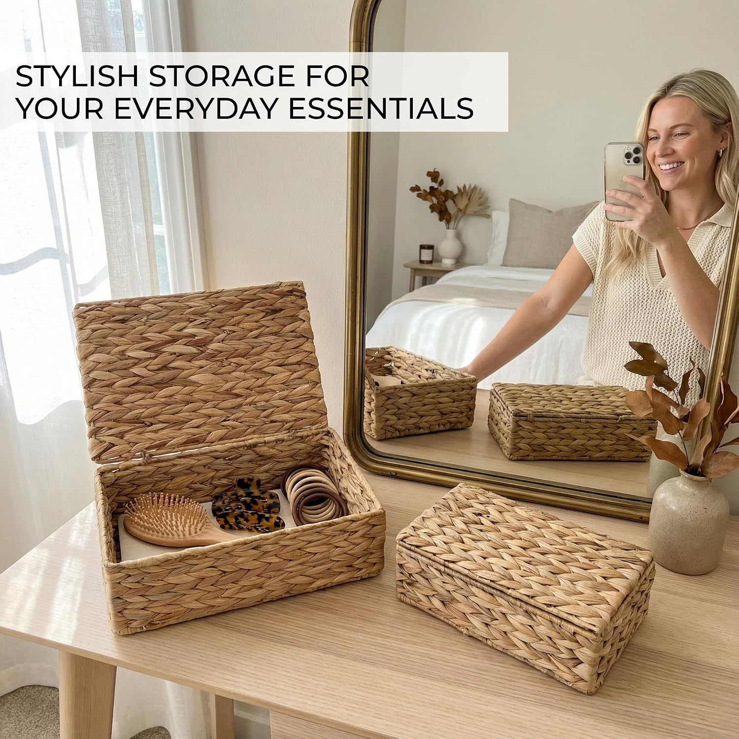 Decorative Storage Boxes with Lids - Set of 2 Beautiful Wicker Organizer Bins for Your Shelves & Home Decor - Safely Store Your Photos, Documents, and Memory Box Keepsakes in a Stylish Rattan Design - Image 6