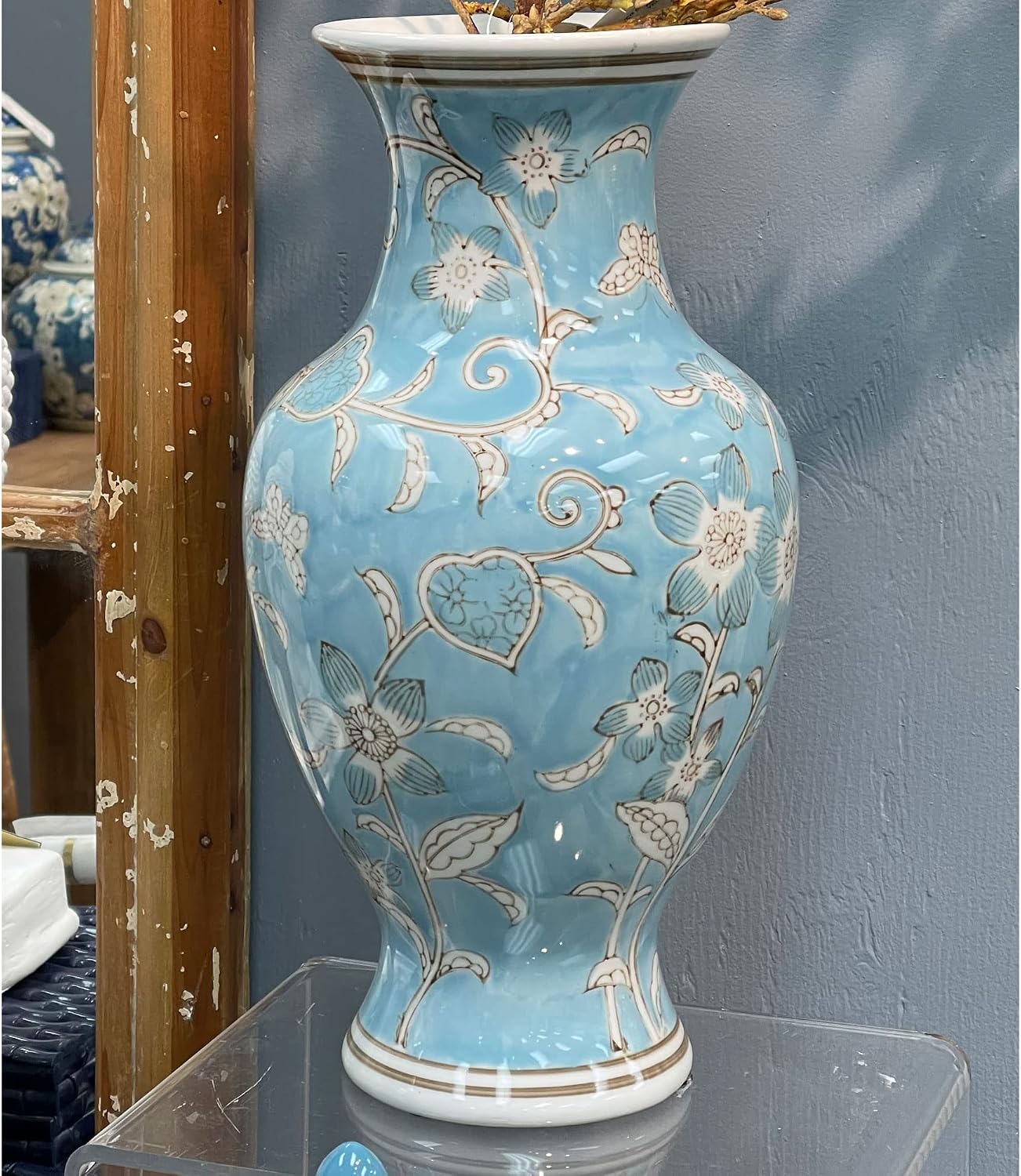 Galt International Light Blue and White Flower & Heart Chinoiserie Ceramic Vase 14"- Hand Painted Antique Style Porcelain Flower Bottle Fishtail Porcelain Chinese Vase for Home Decor Centerpiece - Image 5