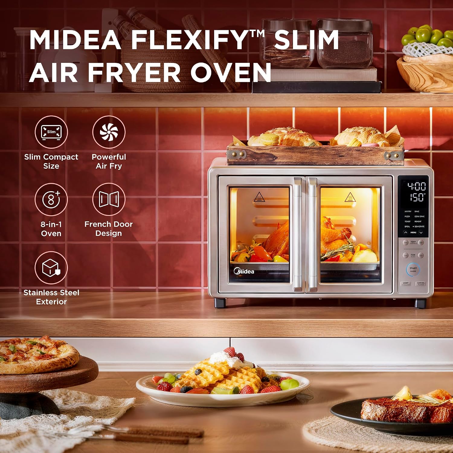 Midea Flexify Slim 8-in-1 French Door Toaster Oven Air Fryer Combo, Compact Countertop Oven with Infrared SpeedHeat, 25 Quart Capacity, Stainless Steel - Image 2