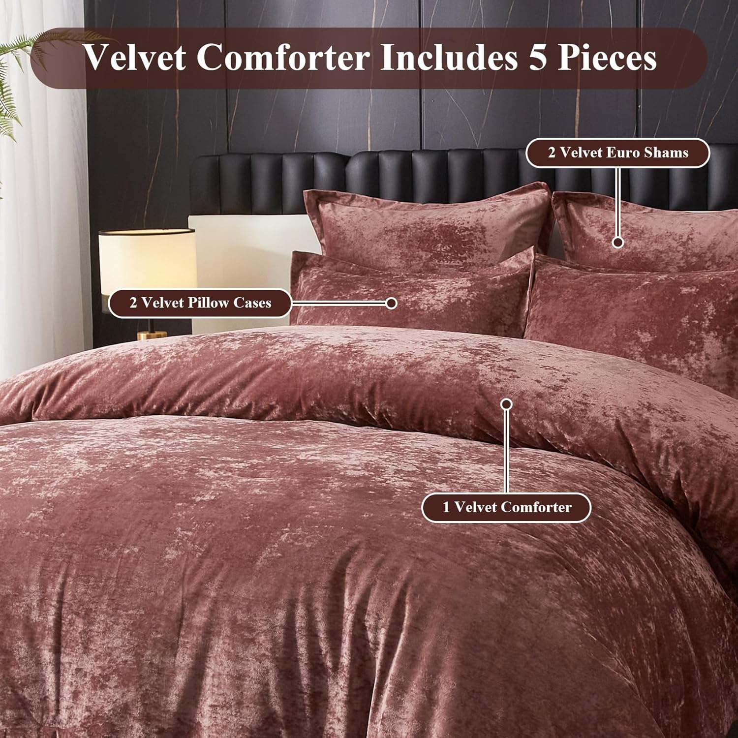 Ivellow Crushed Velvet Comforter Set Queen,Set, 5pcs Ultra SoftPink Luxury Cozy Flannel Queen Size (1 Comforter,2 Pillow Shams, 2 Euro Blush Pink - Image 4
