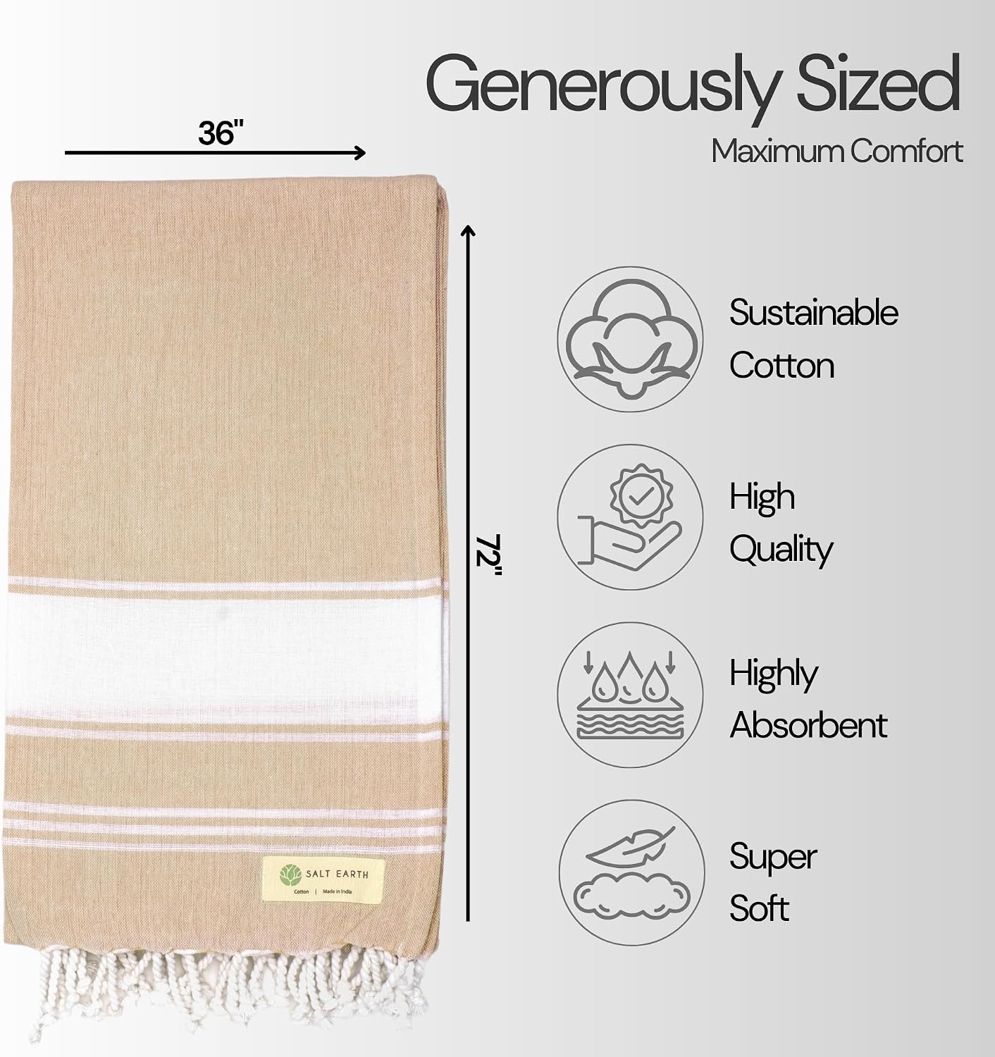 Salt Earth Cotton Turkish Beach Towel (Set of 4, 36"x72") - Soft, Quick Dry, Sand Resistant, Absorbent Towels for Bathroom, Home, Travel, Pool, Spa, Bath, Swim - Beach Towels Oversized (Beige) - Image 6