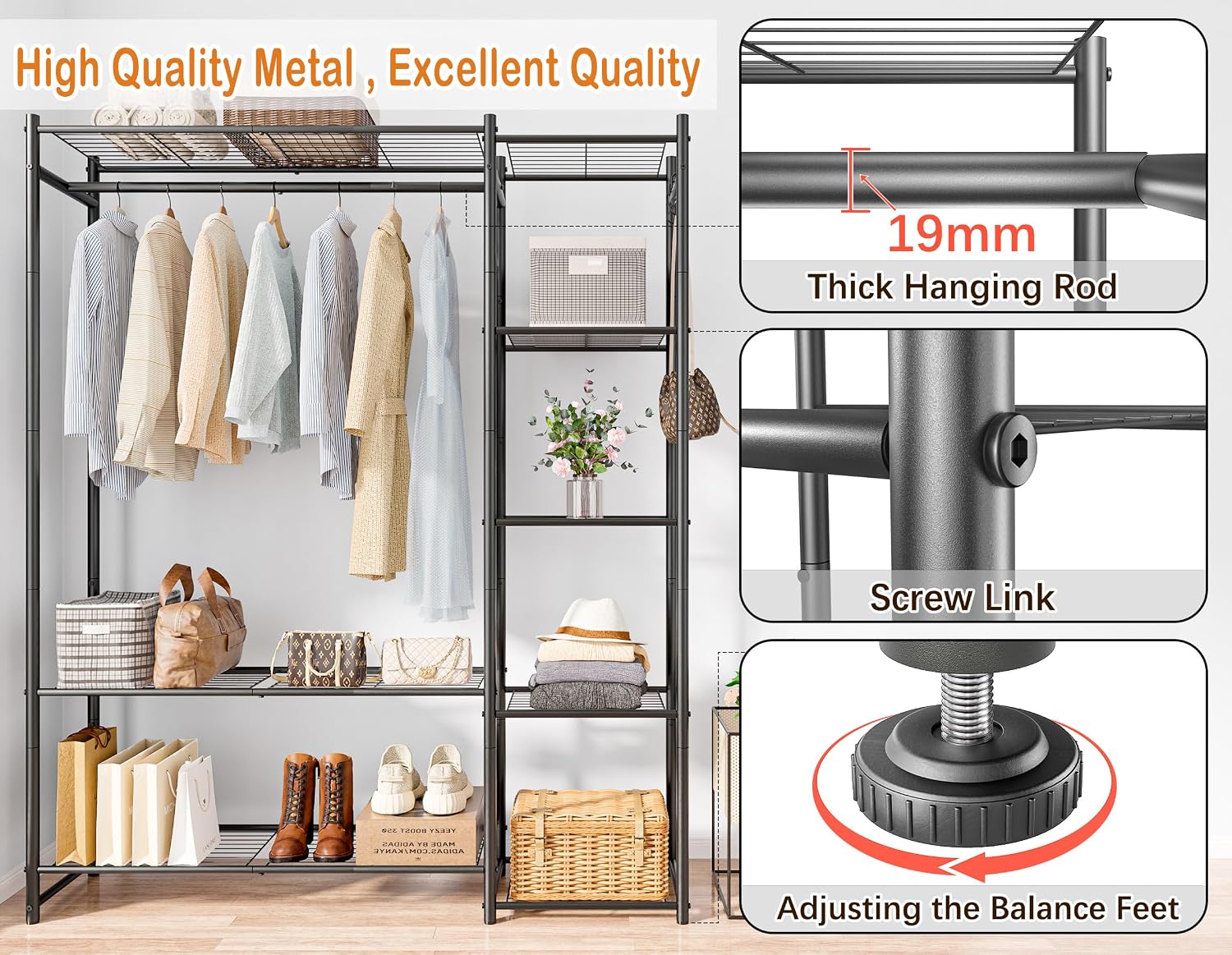Wardrobe Closet,Portable Clothes Rack with 4 Tiers Shelves,Freestanding Closet Organizers and Storage System with Hanging Rods,Steel Clothing Rack Suitable for Cloakrooms,Bedrooms,Entrances,etc.Black - Image 4