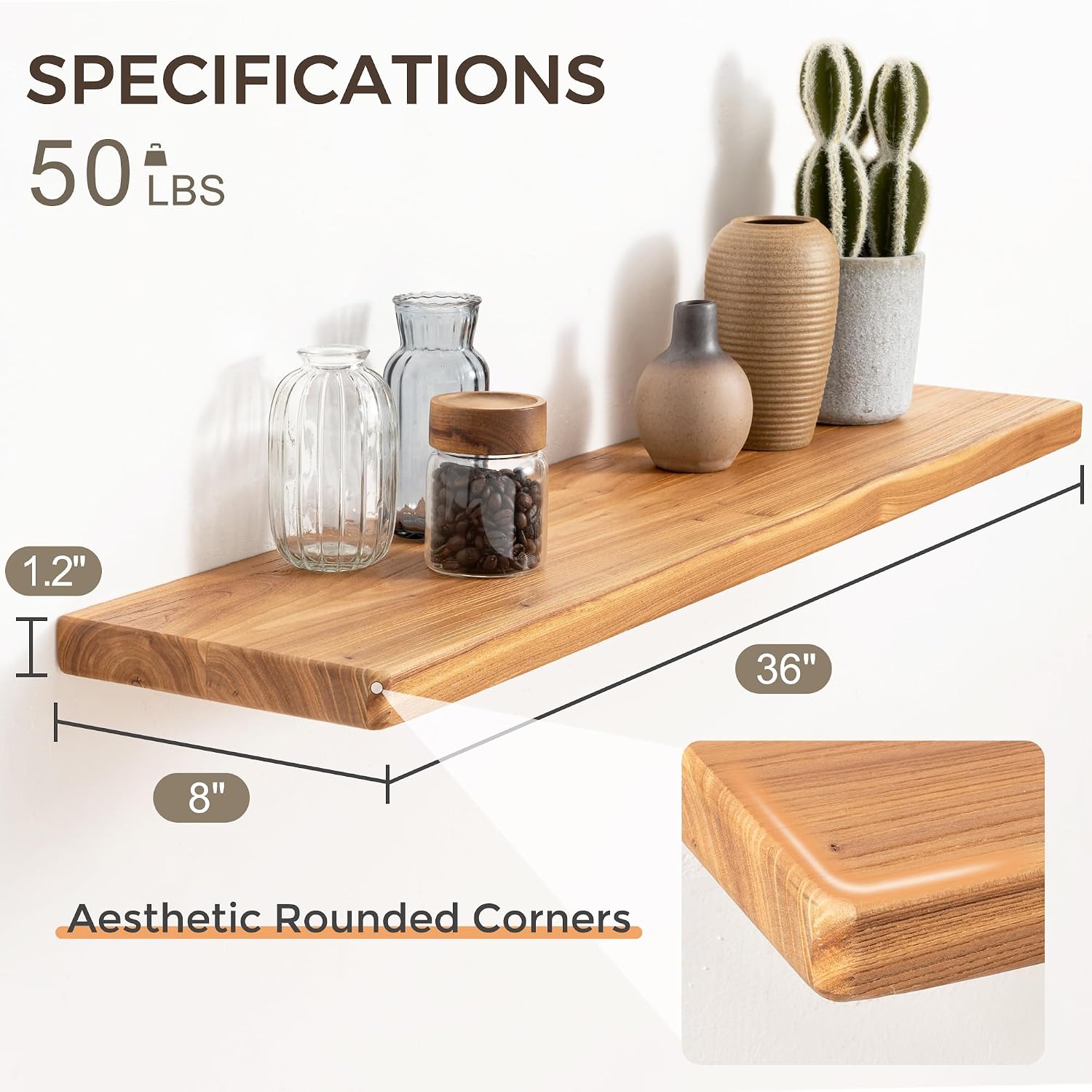 36" Rustic Elm Wood Floating Shelves, 8 Inch Deep Wall Shelves for Home Decor, Wall Mounted Floating Shelf with Invisible Bracket, Heavy-Duty Storage & Display Shelf for Living Room, Kitchen, Set of 2 - Image 3