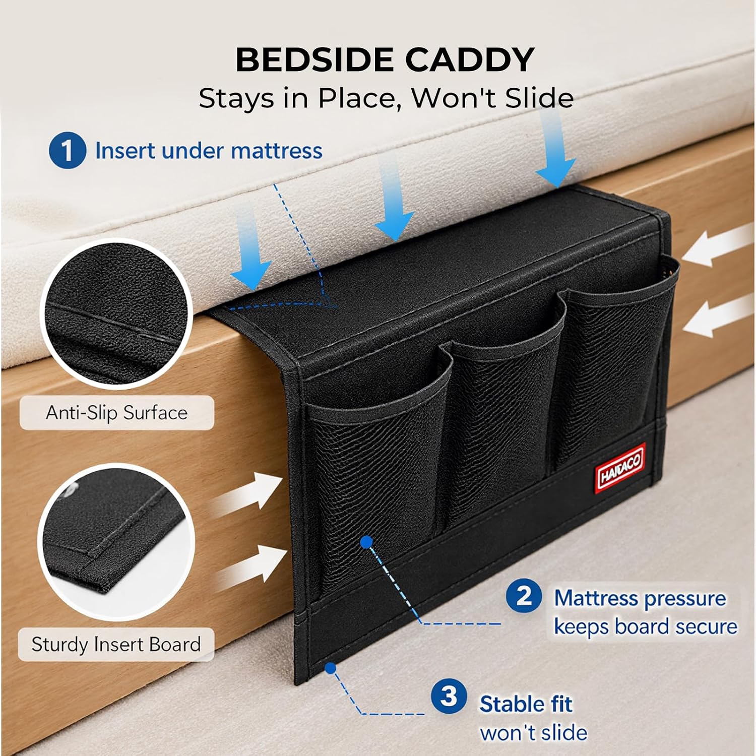 HAKACC Bedside Caddy, Remote Holder for Bed, Storage Organizer with Pockets for Bed, Sofa, Phones, Magazines, Tablets and Accessories, Black - Image 3