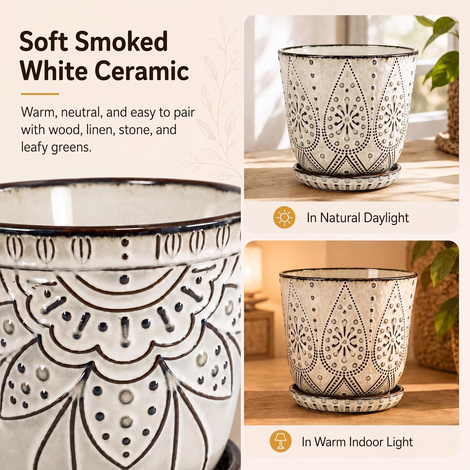 Gepege 6 Inch Beaded Ceramic Planter Set of 2 with Drainage Hole and Saucer for Plants, Indoor-Outdoor Large Round Succulent Orchid Flower Pot (Smoked Gray, Inner-pots not Larger Than 5 Inch) - Image 3