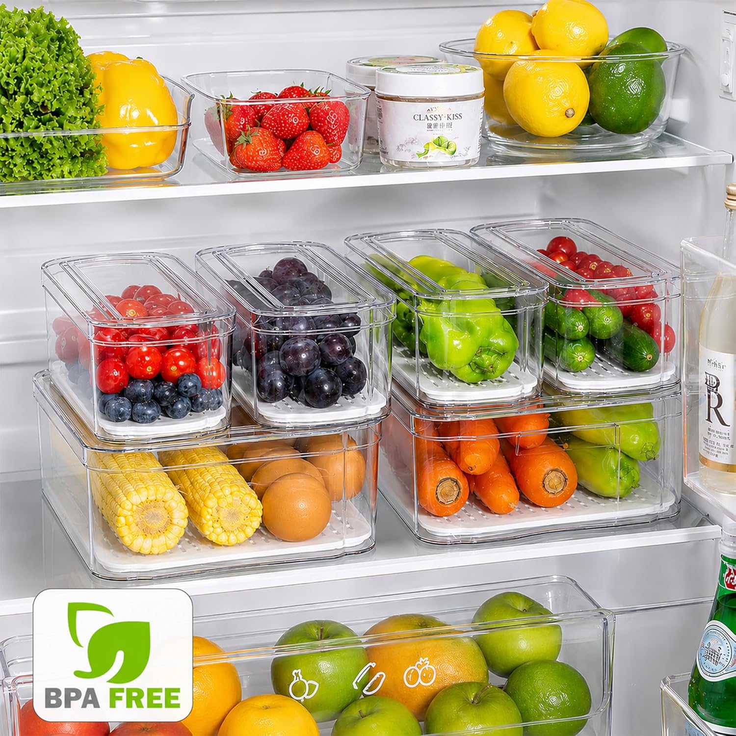 SMRCAD 6 Pack Clear Fridge Organizer Bins with Drain Trays - Stackable | BPA-Free PET, 6 Pack: 6 lidded Bins (Not drawer), Helps Keep Produce Fresh, 14L Capacity, Hand Wash Only - Image 3