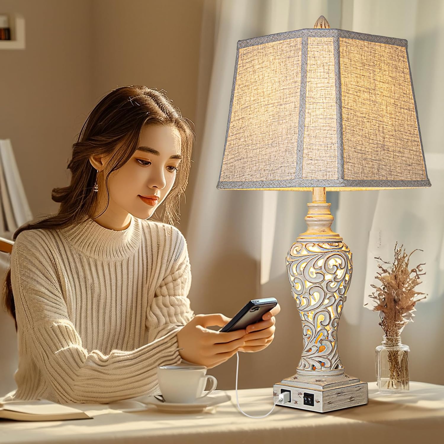 LuxSight Collection 28.5" Table Lamps Set of 2 - Bedside Lamp with Fabric Shades - for Bedroom and Living Room with USB and Nightlight - Perfect for Nightstands and Bedrooms - Image 5