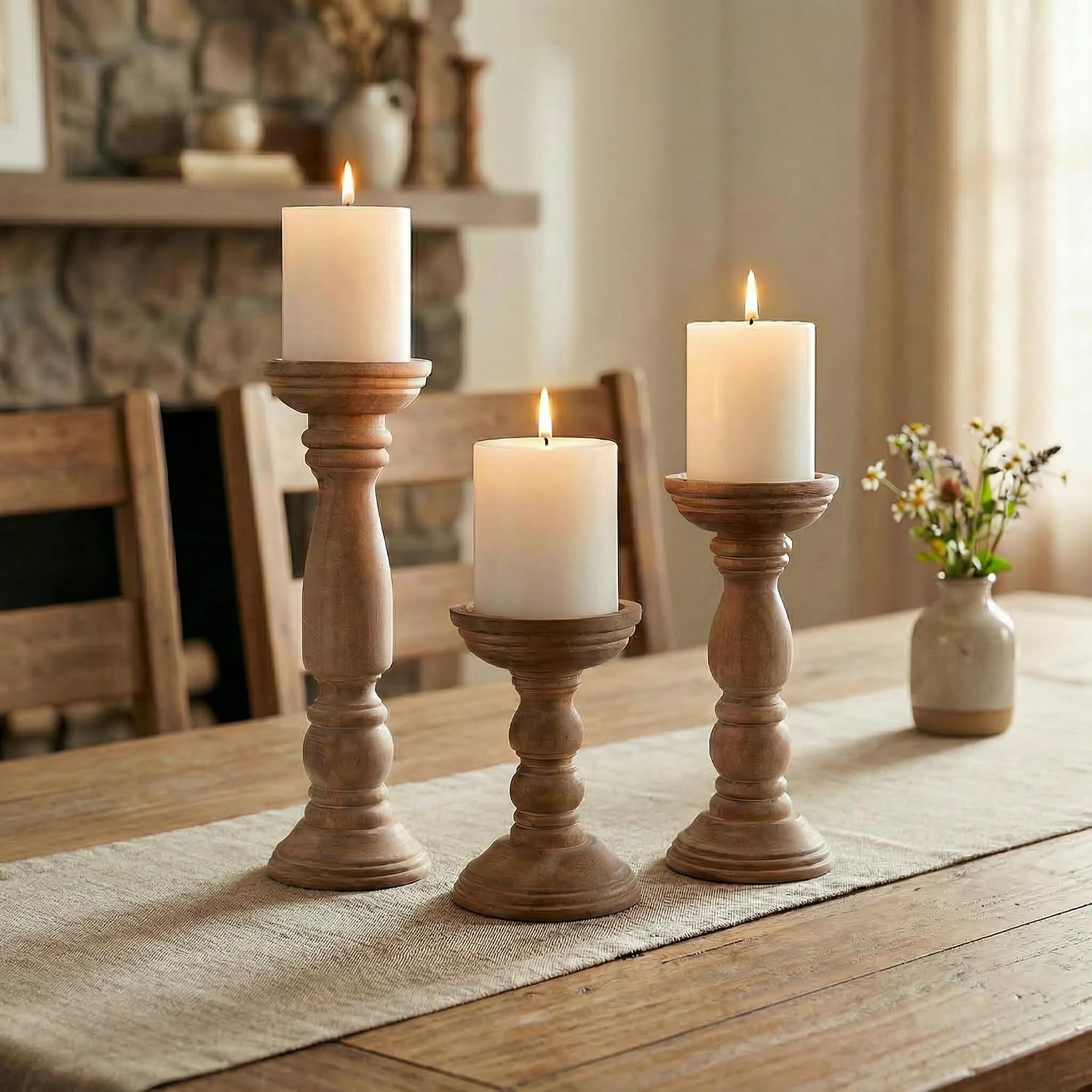 BANOMII Farmhouse Wooden Candle Holders for Pillar Candles Set of 3, Rustic Wood Candle Holder Table Centerpiece Decor, 12'' 9'' 6'' Vintage Tall Candle Stand Decorative, Brown - Image 4