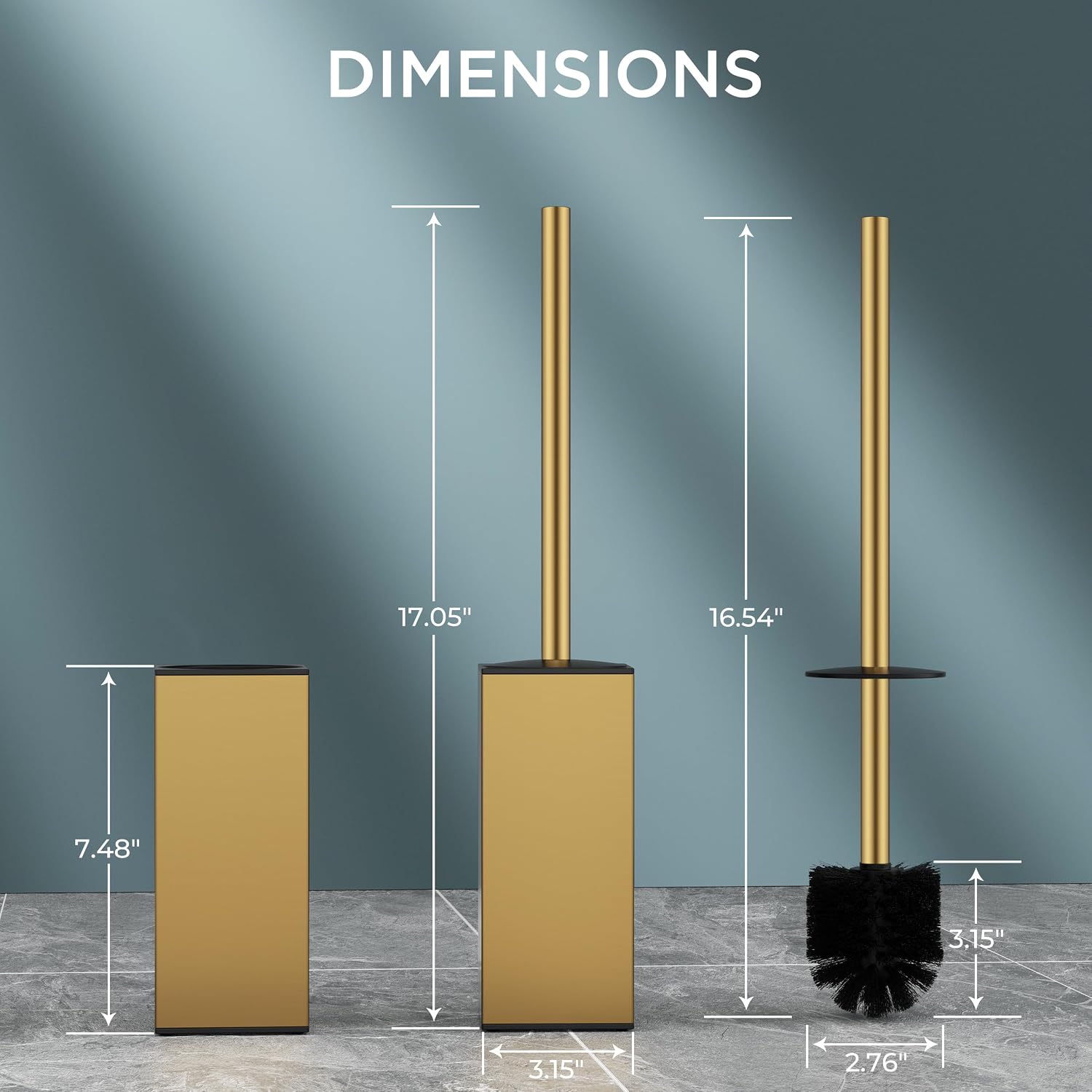 FORIOUS Toilet Brush and Holder Set, SUS304 Stainless Steel Square Base, Extended Long Handle, Drip-Proof & Space Saving, 2 Replaceable Brush Heads, Plastic & Silicone Dual Brush Head, Drak Gold - Image 7
