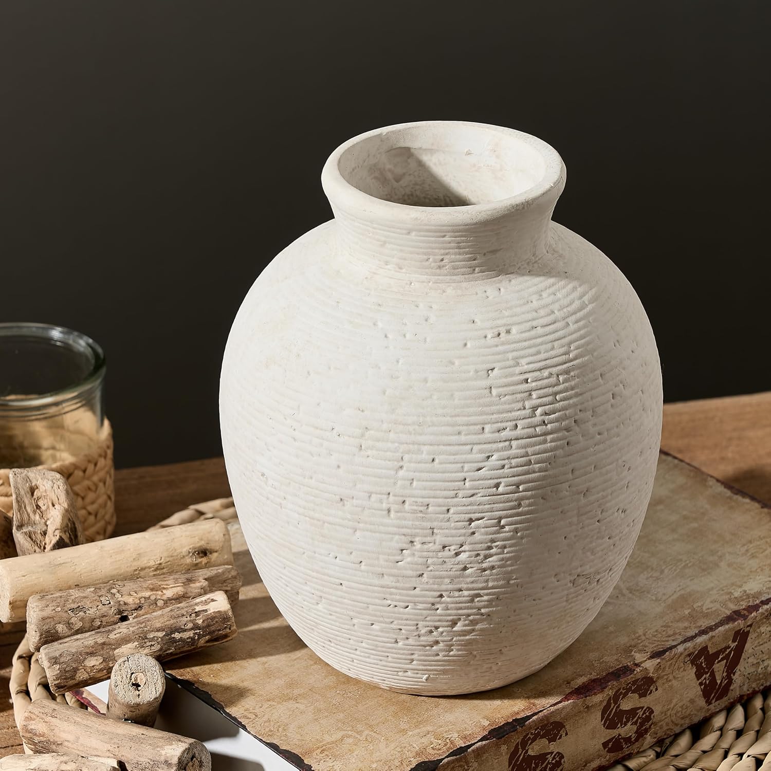 Vanselia Ceramic Flower Vase Home Decor - Farmhouse Table Vases Rustic Vintage Living Room Kitchen Bedroom Decorations for House Book Shelf Office Coffee Desk Dining Fireplace (7.4" Rustic) - Image 4