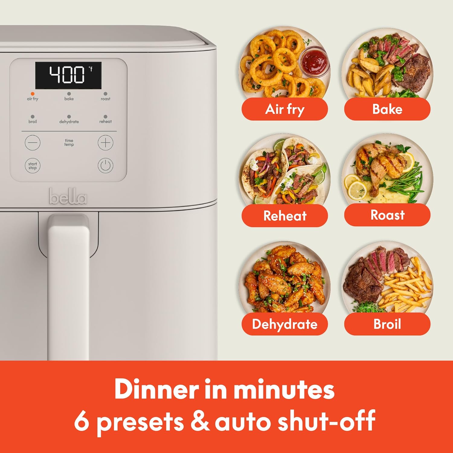bella 6 Qt Slim Air Fryer, Fits-anywhere™ Kitchenware, EverGood™ Ceramic Nonstick Coating, Adjustable Temperature, 6 Preset Cooking Options, 60 Min Auto Shutoff w Audible Tone, 5lb Capacity, Oatmilk - Image 5