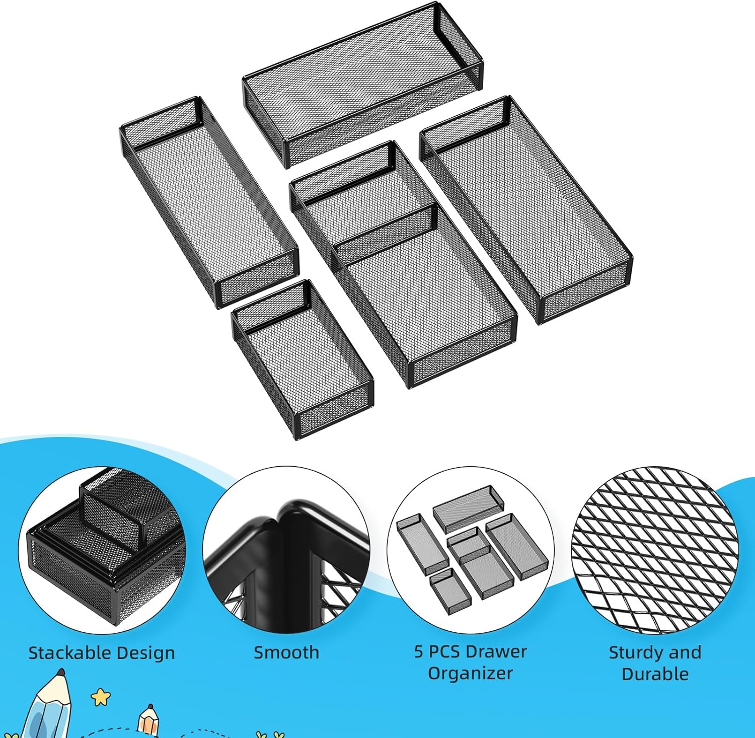 Marbrasse 5 Pack Desk Drawer Organizer Set, Mesh Drawer Storage Trays with 1 Adjustable Divider, Desk Organizers and Accessories, 5 PCS Drawer for Office Supplies, Makeup & Vanity (Black) - Image 5