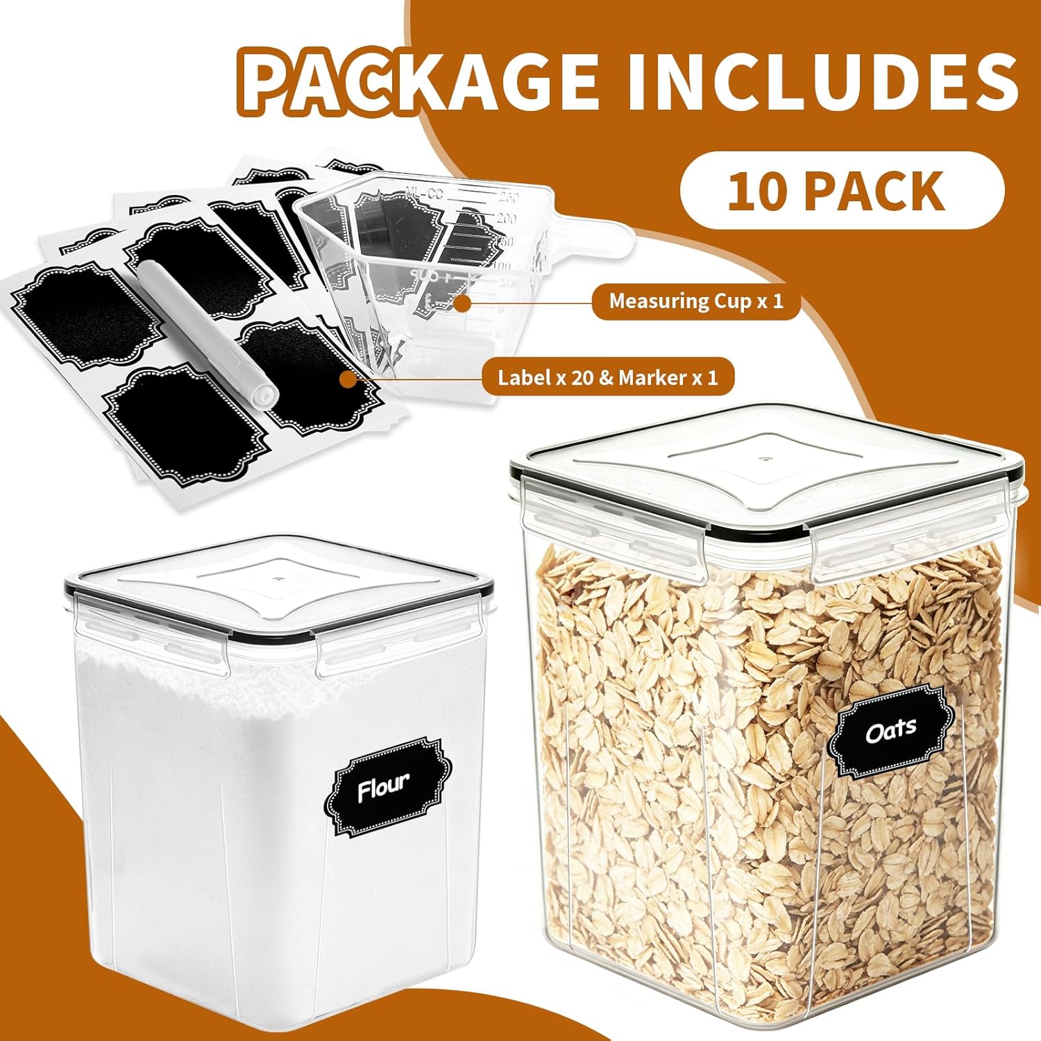 Flour Sugar Storage Containers, 10 Pack Large Airtight Food Storage Containers with Lids for Kitchen Pantry Organization and Storage, BPA Free Plastic Canisters Sets for Cereal, Rice and Baking - Image 4