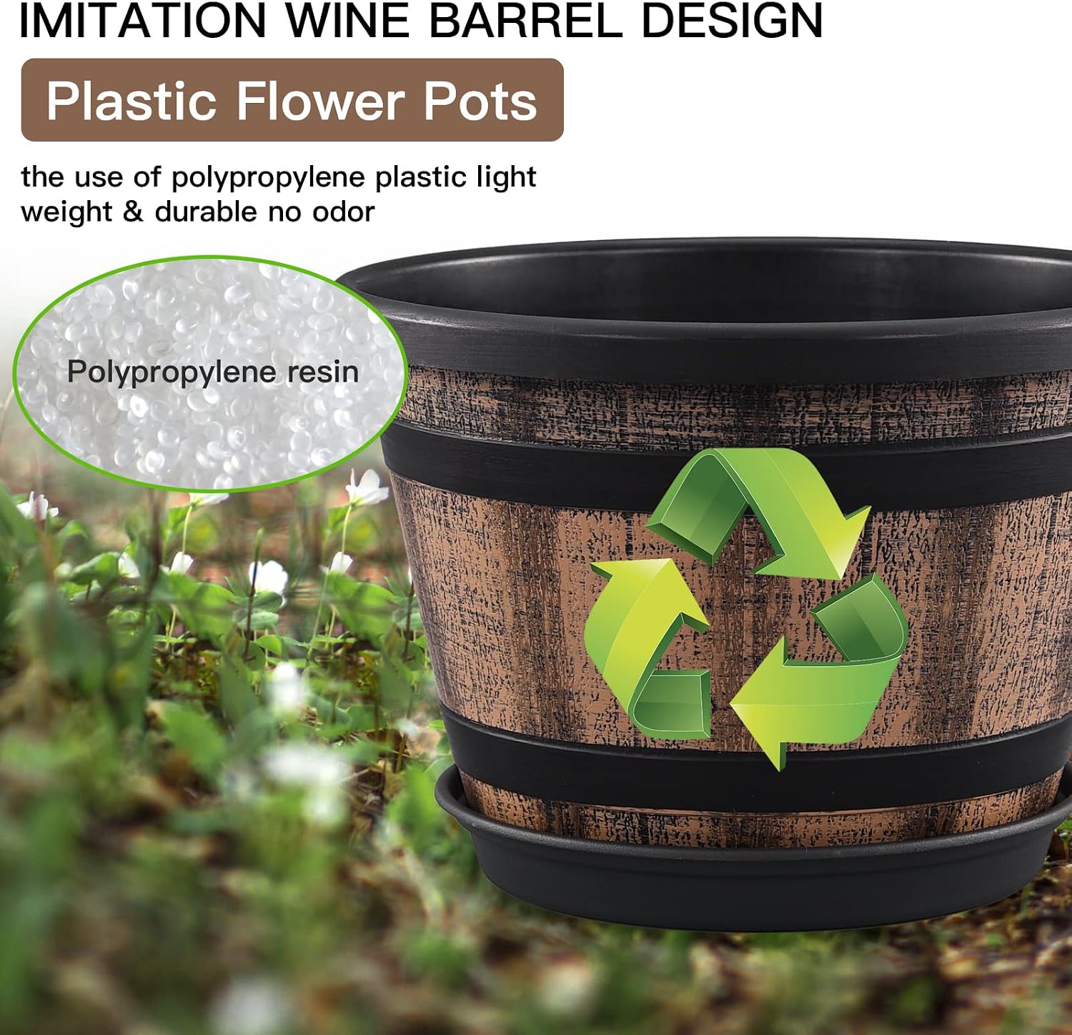 Quarut 3 Pack 10 inch Plant Pots,Whiskey Barrel Planters with Drainage Holes & Saucer, Plastic Decoration Flower Pots Imitation Wine Barrel Design, for Indoor & Outdoor Garden Home Plants (Brown) - Image 4