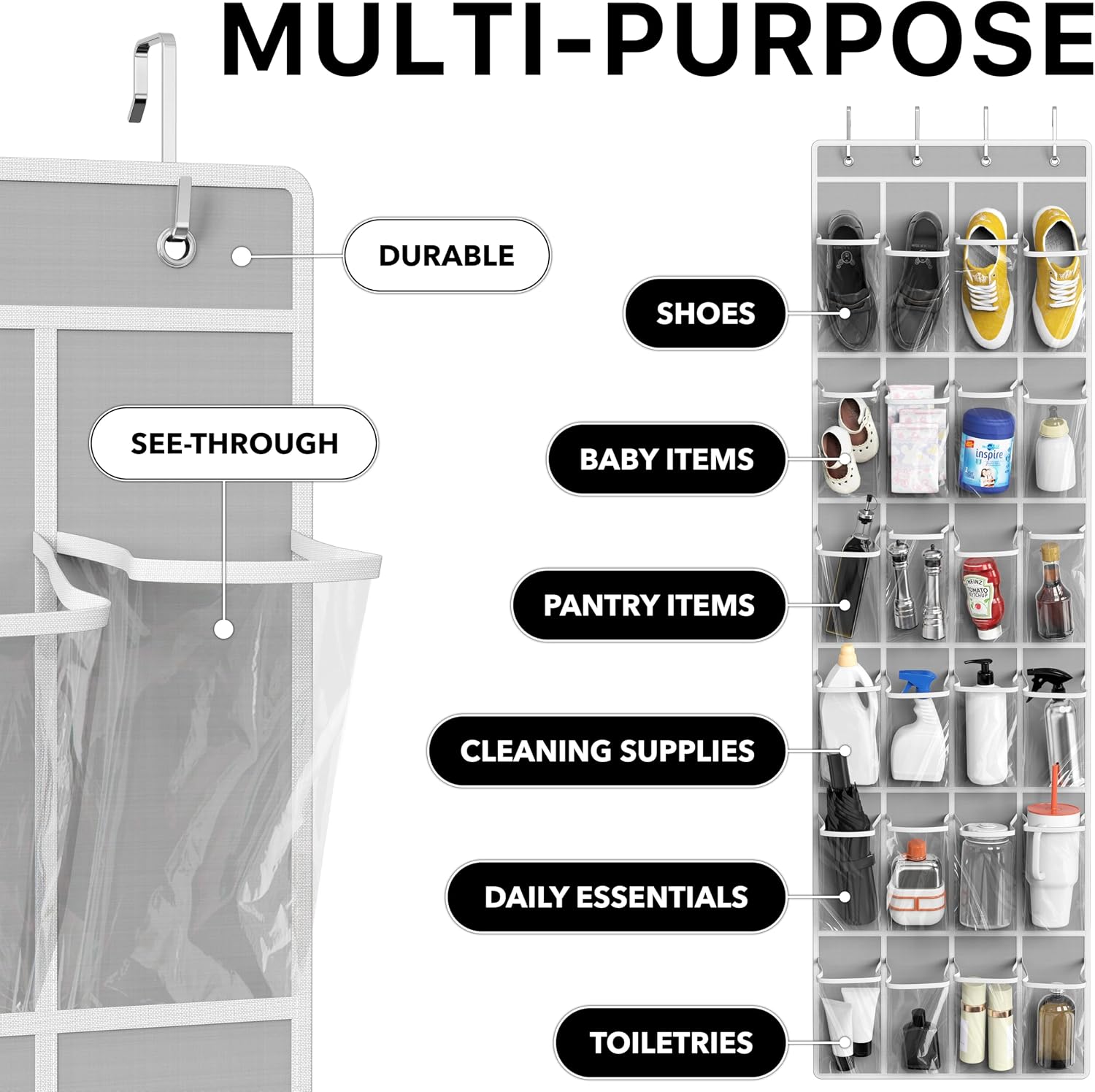 Simple Houseware 24 Pockets - Crystal Clear Over The Door Hanging Shoe Organizer, Gray (64'' x 19'') - Image 5