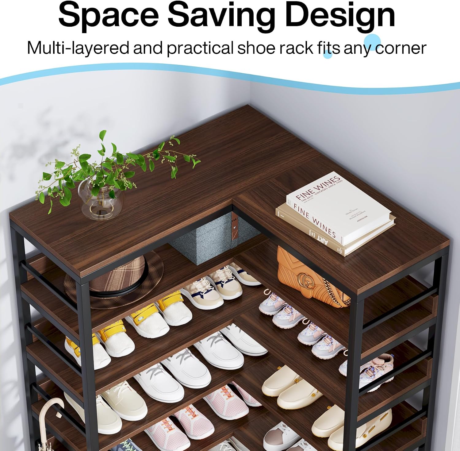 Tribesigns 9 Tiers Corner Shoe Rack, Tall Vertical Shoe Rack Organizer, Free Standing Large Shoe Storage Shelf for Entryway Hallway Closet, Space Saving, Rustic Brown - Image 5