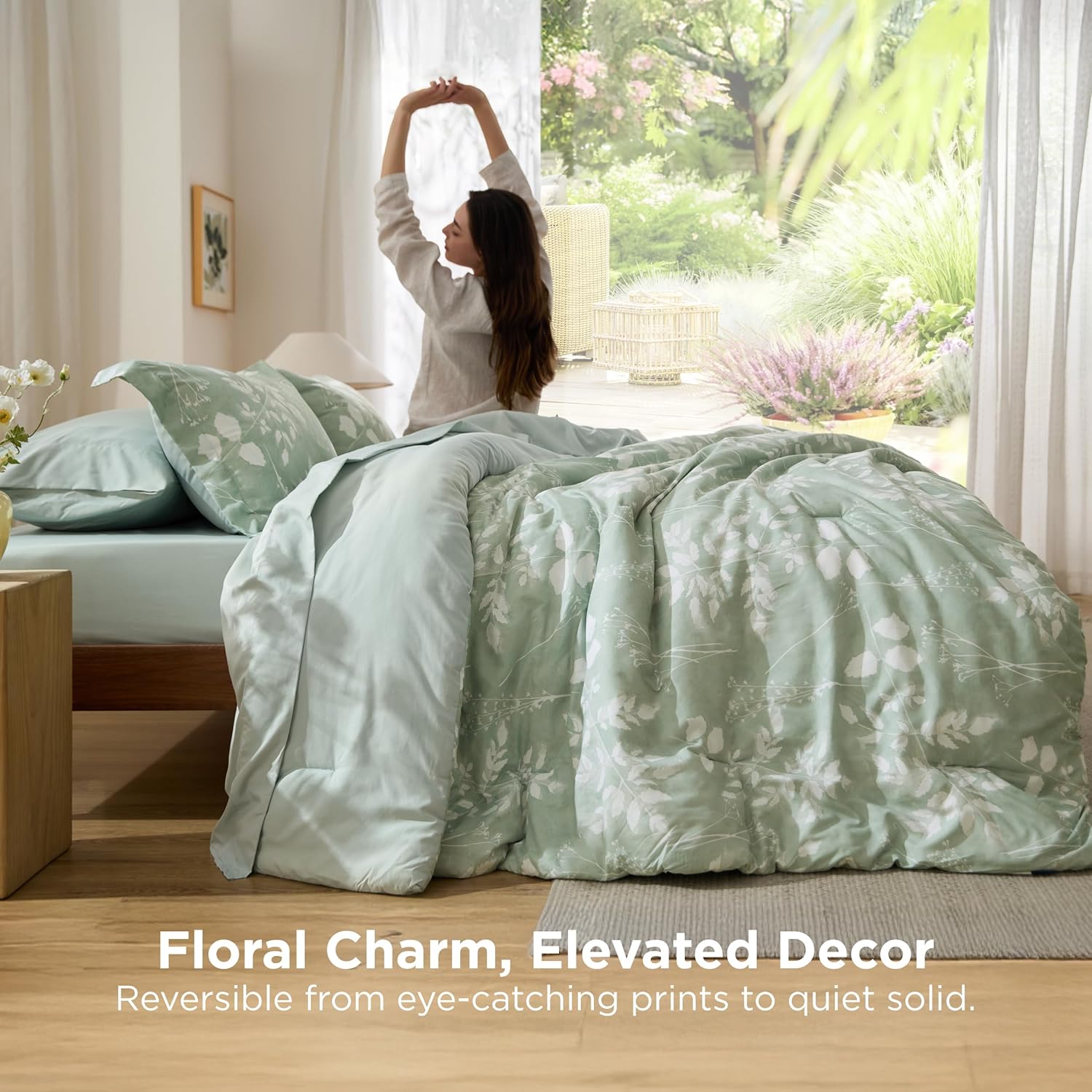 Bedsure Queen Comforter Set - 7 Pieces Floral Sage Green GentleSoft™ Bedding Sets, Queen Bed in a Bag with Botanical Flowers Winter Comforter, Sheets, Pillowcases & Shams - Image 2